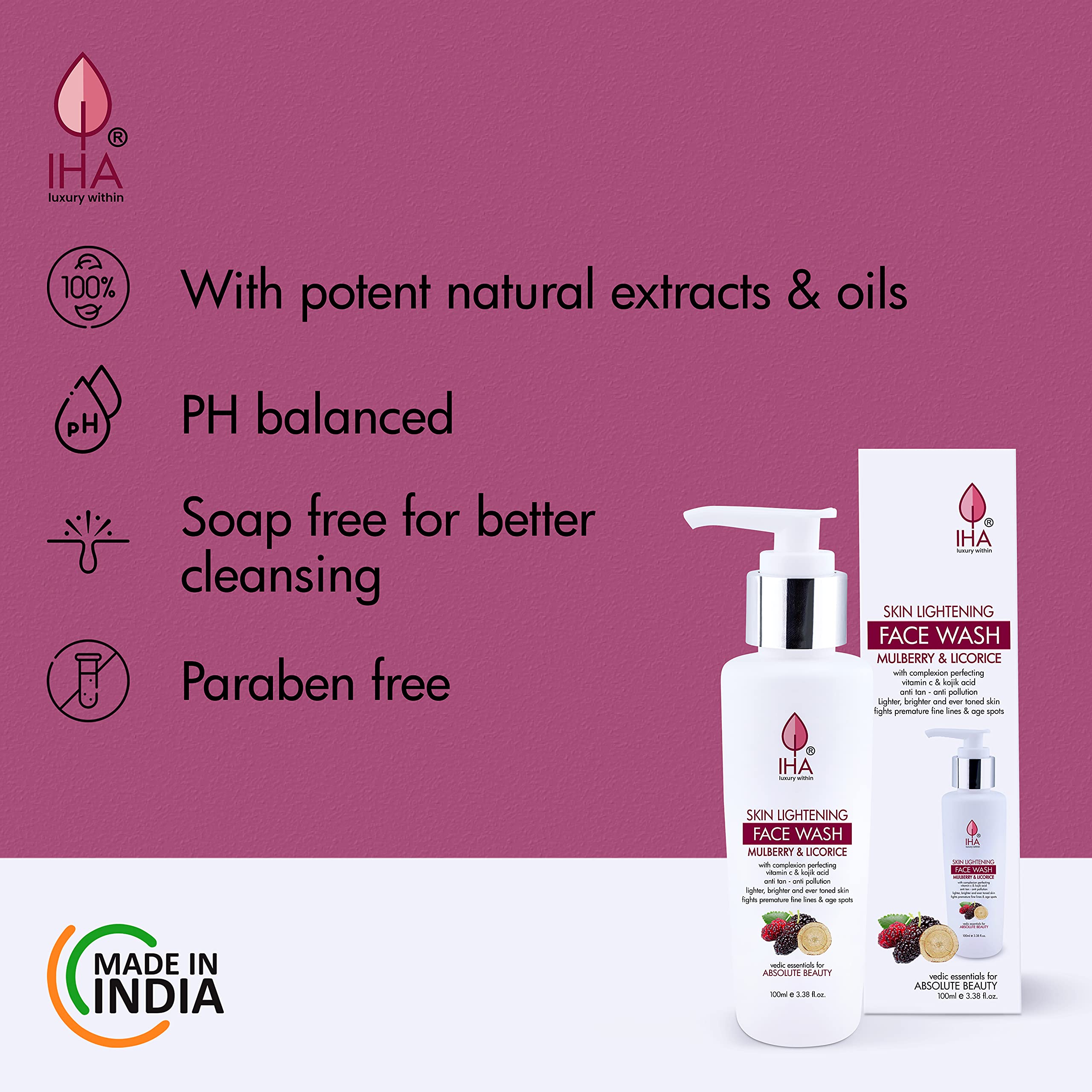 IHA Mulberry Herbal Face Wash - Moisturizing Anti-Aging Face Cleanser with Mulberry & Licorice for Skin Brightening | Gentle Daily Face Wash for Men & Women with Normal to Dry Skin | Perfect for Morning & Night Skincare Routine