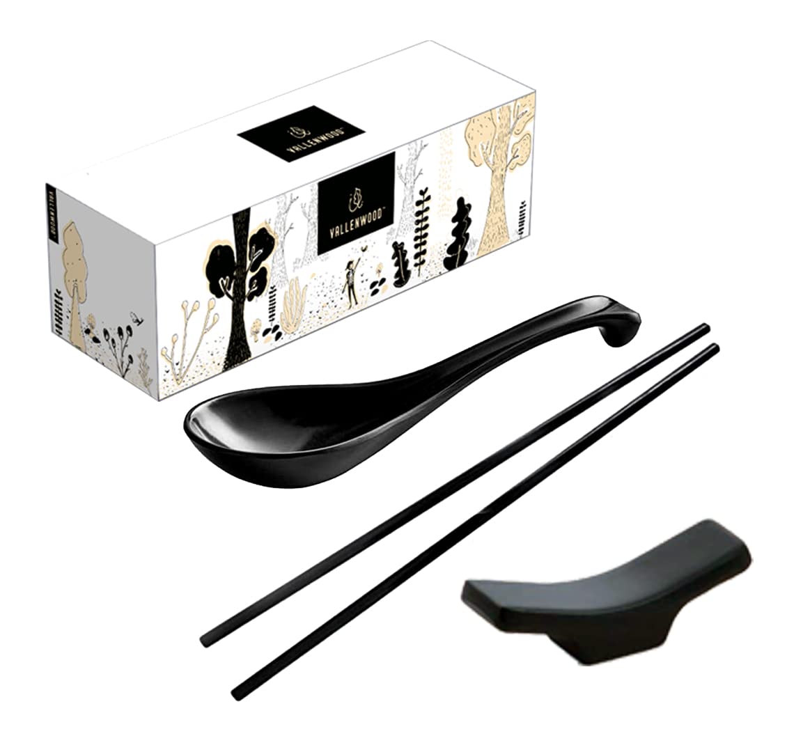 12-Piece Ramen Set - 4 Black Soup Spoons, 4 Chopsticks & 4 Stand Rests | Durable Melamine Asian Dining Utensils | Perfect for Ramen, Pho, Sushi, Wonton & Miso Soup | Ideal for Home Kitchens, Restaurants & Japanese/Chinese Cuisine Lovers