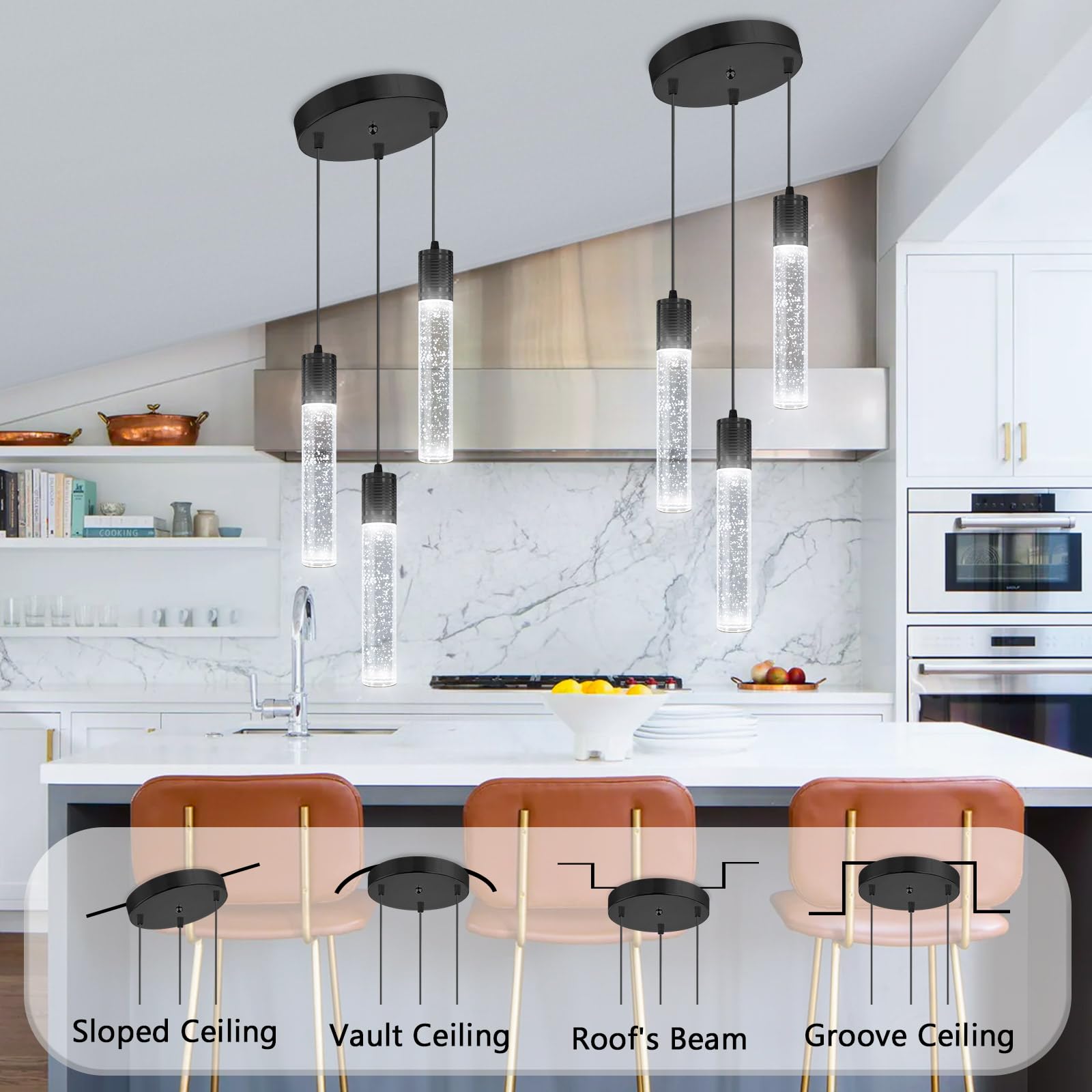 3-Lights Pendant Lighting Fixture - Modern Crystal Chandelier for Kitchen Island, Dining Room & Bedroom - 6000K White LED Black Hanging Lights - Perfect for Home Decor, Restaurant & Office Spaces