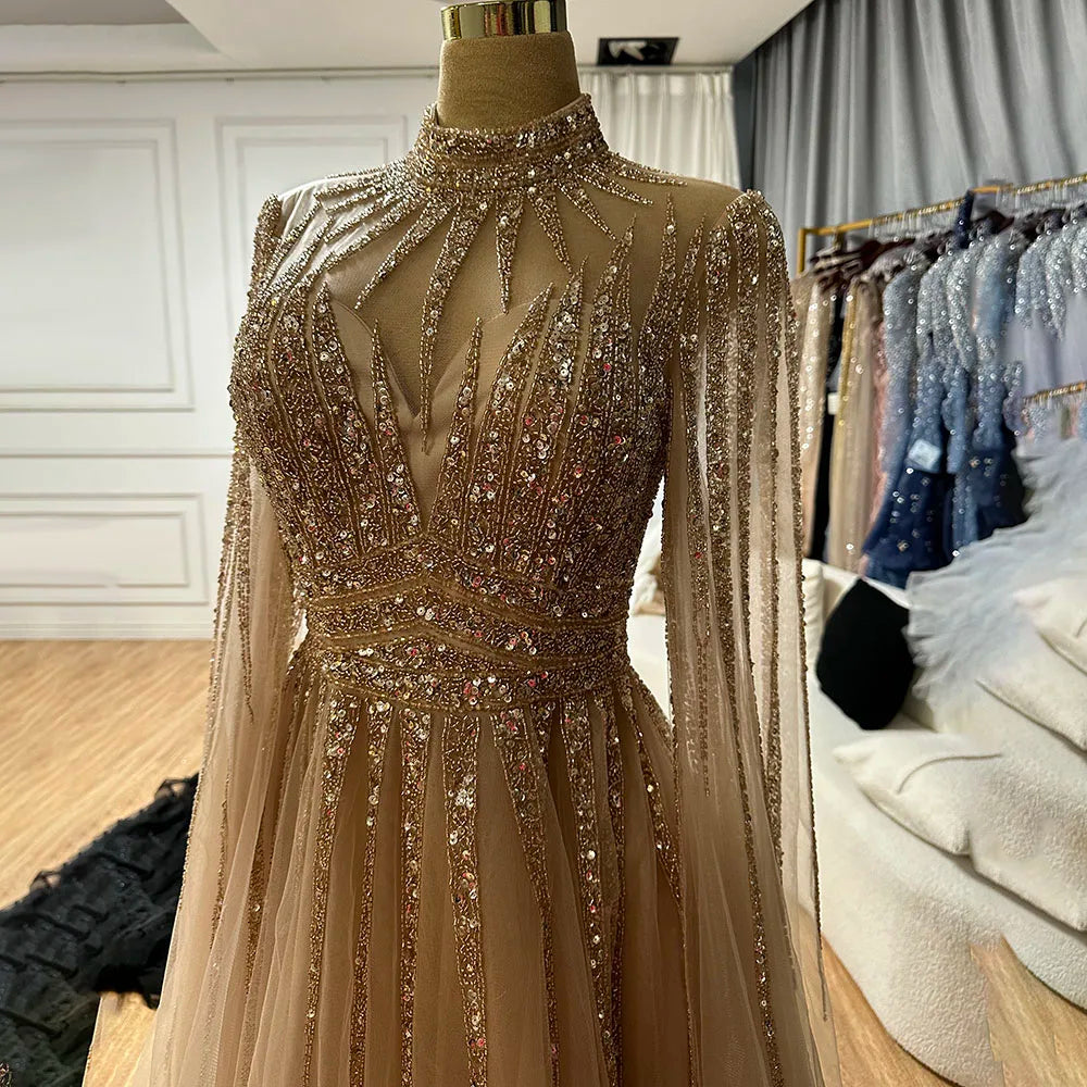Elegant Arabic Turquoise Beaded A-Line Evening Gown with Cape Sleeves - Dubai Inspired Women's Wedding Party Dress LA72199 | Perfect for Formal Events, Red Carpet & Special Occasions