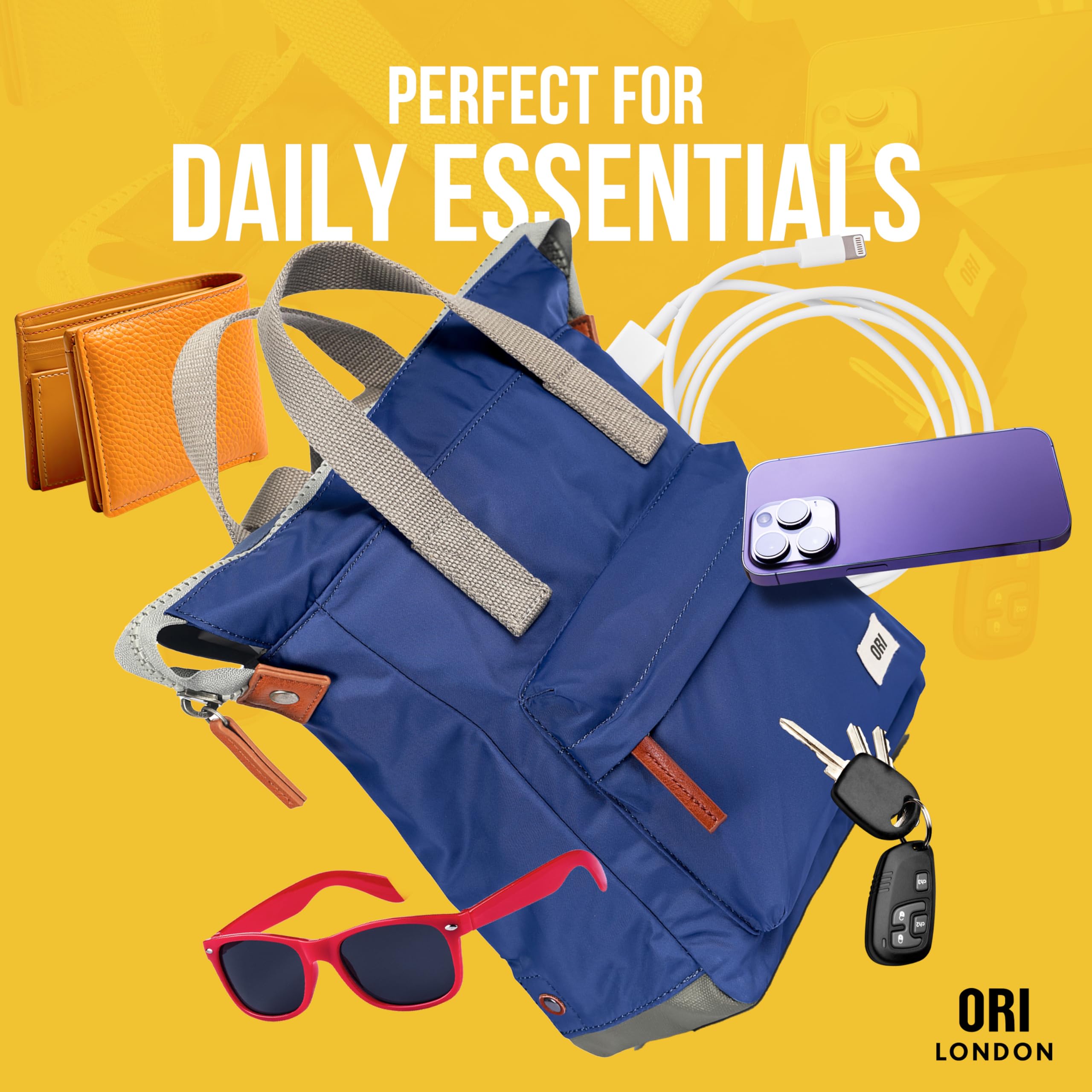 ORI LONDON Nylon Tote Backpack for Women & Men - Small Waterproof Tote Bag Backpack with Wide Mouth Opening, Chunky Zippers, Multiple Pockets & Adjustable Shoulder Straps - The Bantry, Airforce Blue Backpack, 12.6x9x4