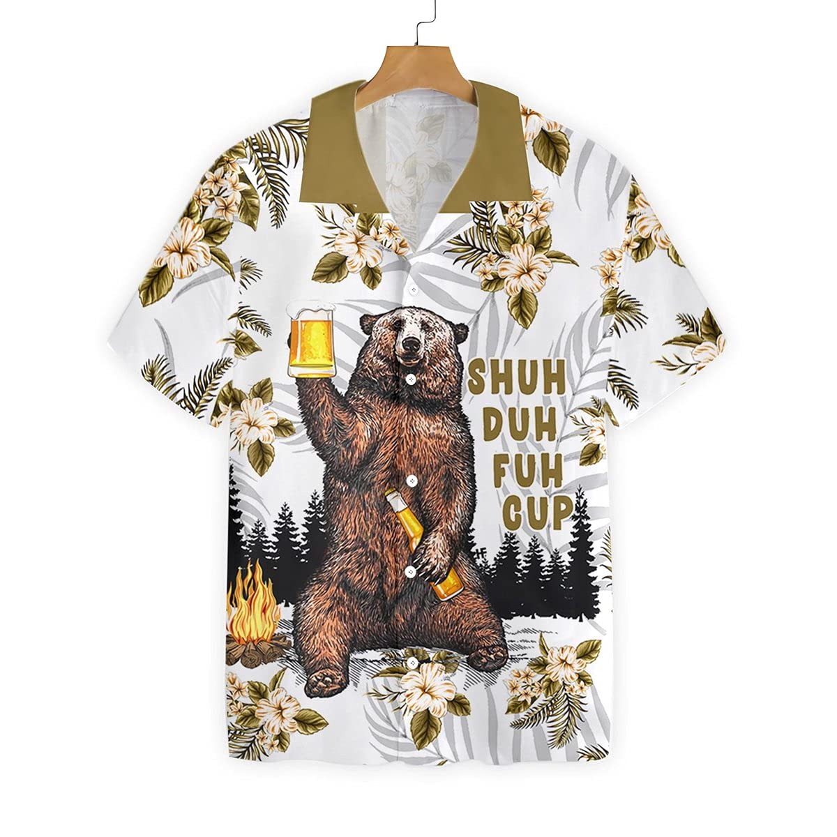 HYPERFAVOR Funny Beer Hawaiian Shirts for Men - Floral Bear Drinking Beer Design - Casual Summer Party & Beach Vacation Shirt