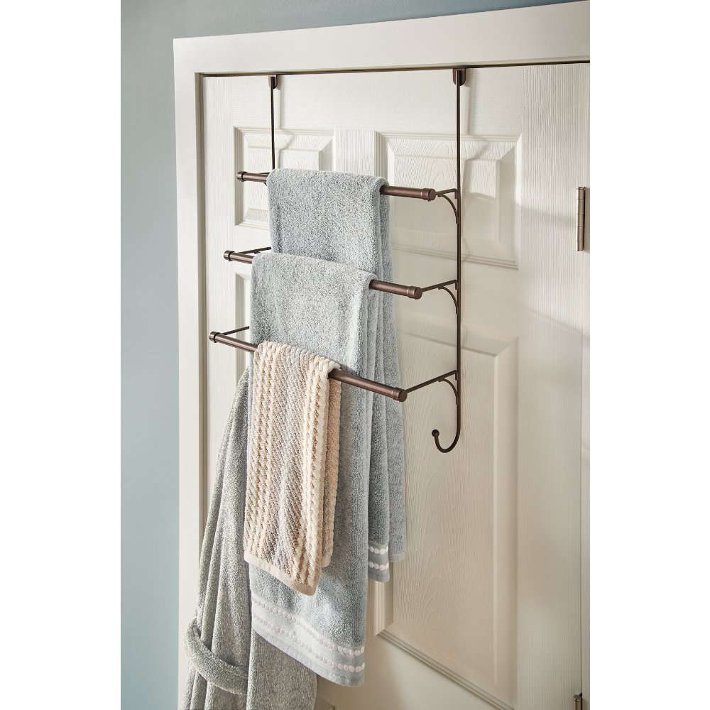 Franklin Brass Triple Over the Door Towel Rack with Hooks - 3-Tier Bronze Bathroom Organizer for Hand Towels, Robes & Accessories (1-Pack) - Perfect for Small Bathrooms, Laundry Rooms & Closet Storage 193153-CBZ