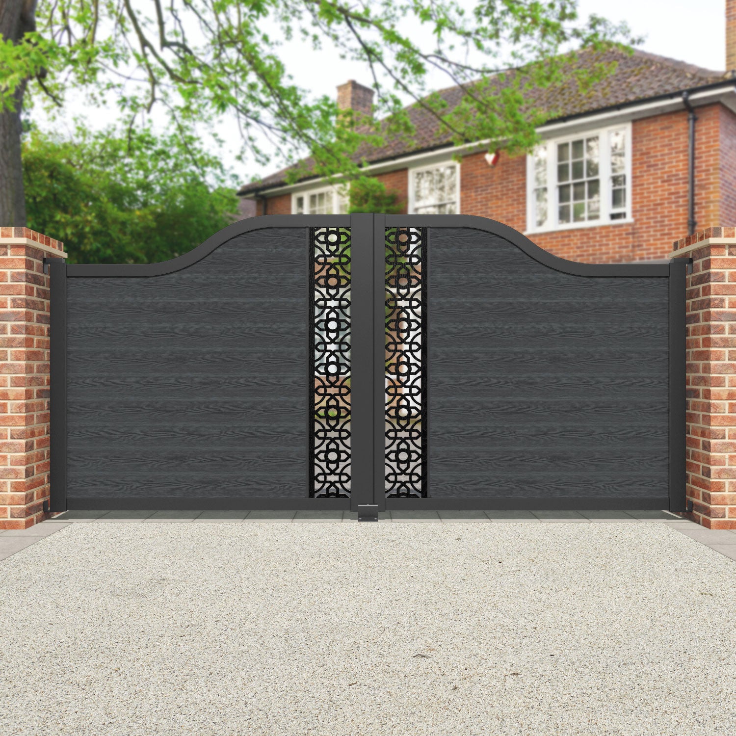 Classic Nabila Curved Top Driveway Gate - Dark Grey Wrought Iron Fence with Middle Screen - Perfect for Home Security & Garden Decoration