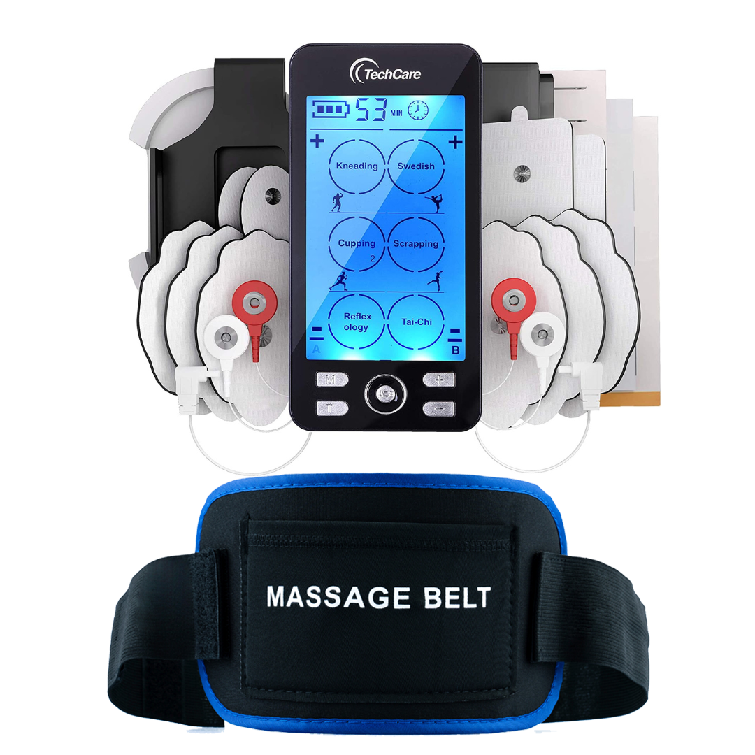 TechCare Tens Unit Muscle Stimulator with 24 Modes & Rechargeable Massager Belt - Pain Relief for Back, Neck, Shoulder & Joints - Perfect for Home Use, Physical Therapy & Post-Workout Recovery