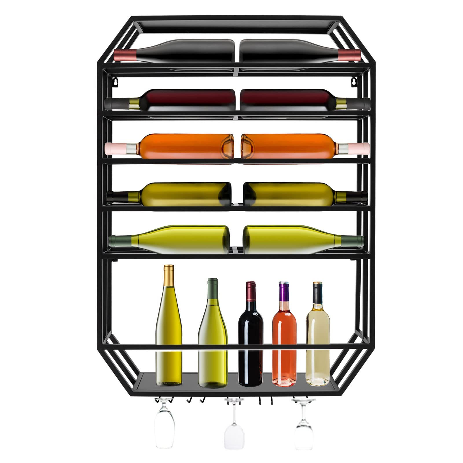 6-Tier Metal Wine Rack Wall Mount - Kitchen Storage Organizer with Glass Holder | Stylish Home Decor for Wine Bottle Display | Perfect for Dining Room, Bar & Kitchen Organization
