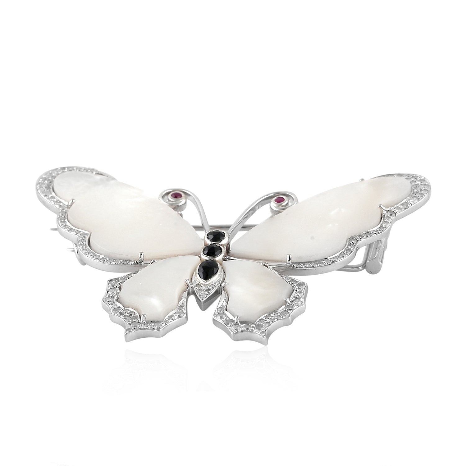 Elegant Mother of Pearl Brooch with Spinel, Ruby, and Pave Diamonds in 18K White Gold – Perfect Gift for Weddings, Anniversaries & Special Occasions