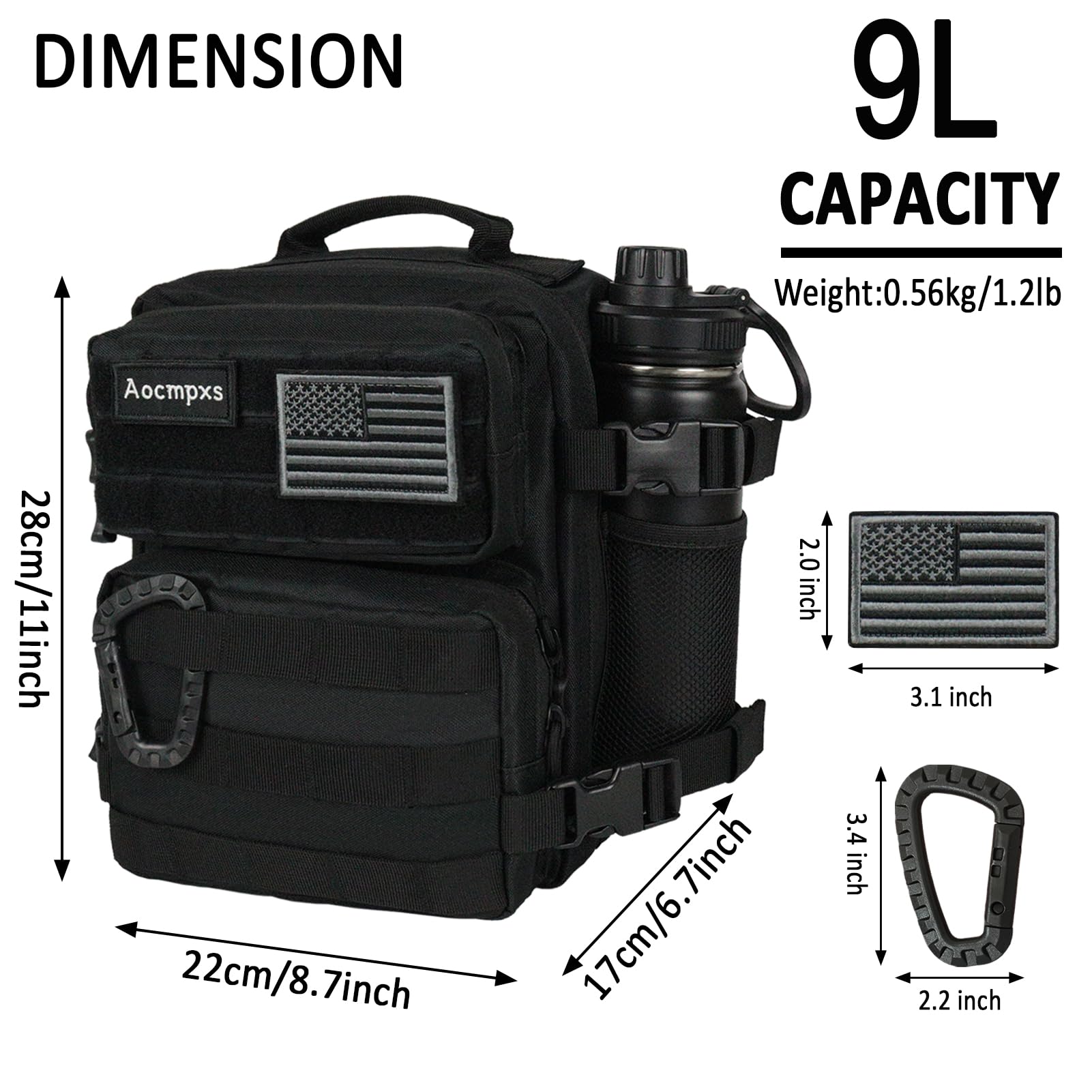 Mini Tactical Backpack 9L - Small Military Molle Pack with US Flag Patch & Carabiner - Lightweight Gym Sports Bag for Men & Women (Black) - Perfect for Hiking, Travel, Workout & Everyday Use