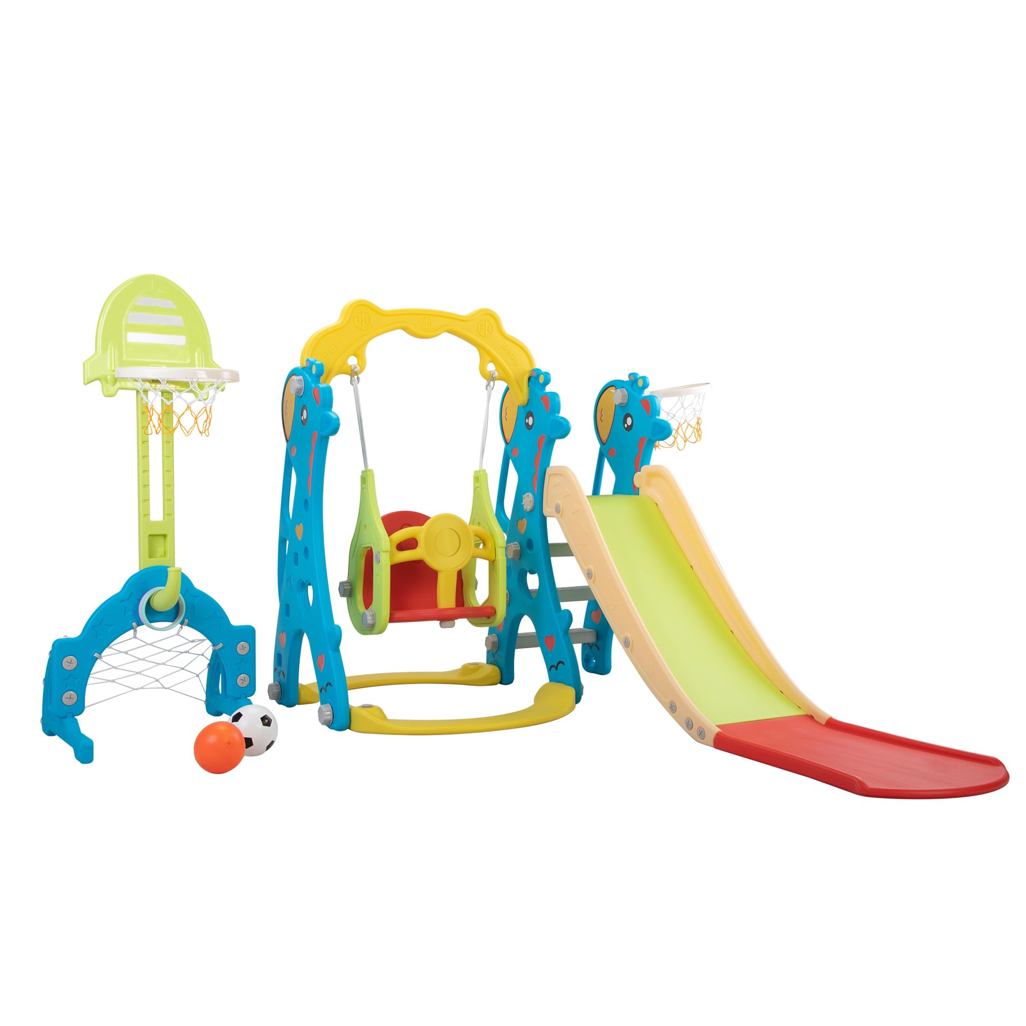 Freestanding Kids Slide for Indoor & Outdoor Play - Toddler Slide Climber Toy with Basketball Hoop, Extra Long Slide & Swing (Blue & Yellow) | Perfect for Backyard, Playroom & Preschool Playground