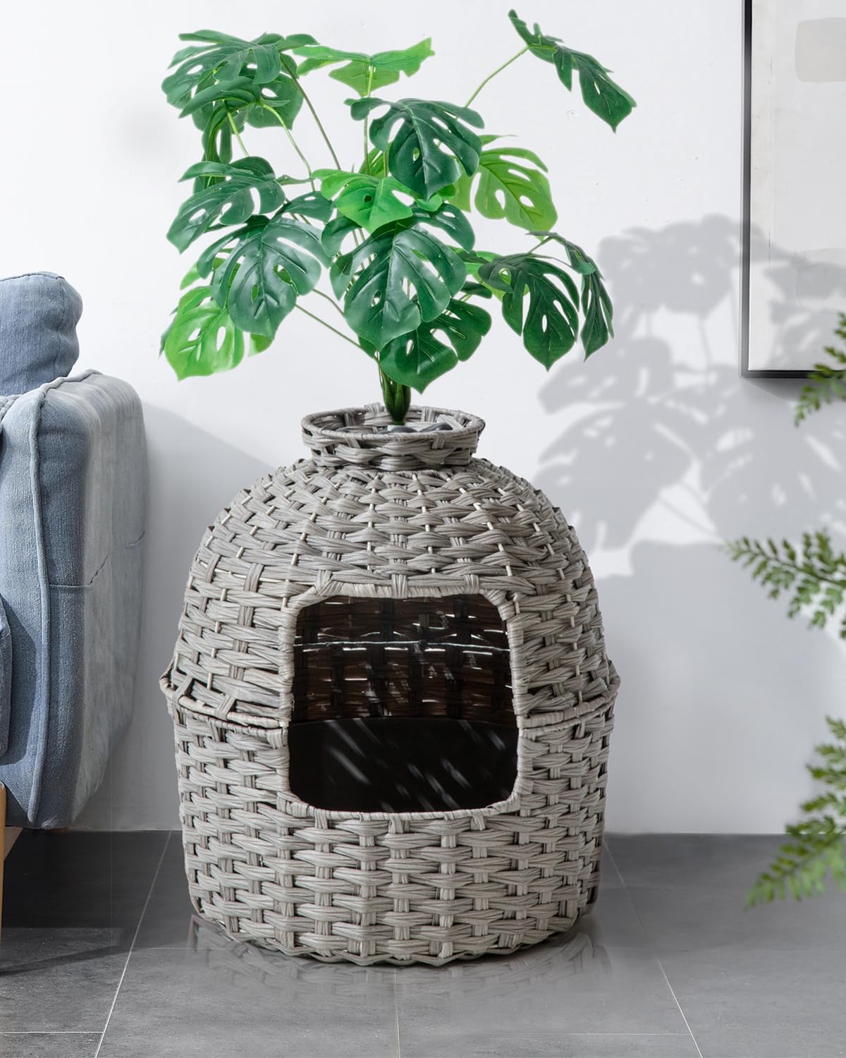 Hidden Cat Litter Box Enclosure with Artificial Plants - Handwoven Rattan Furniture Cover for Discreet Cat Toilet in Living Room | Stylish Home Decor for Pet Owners (Gray)