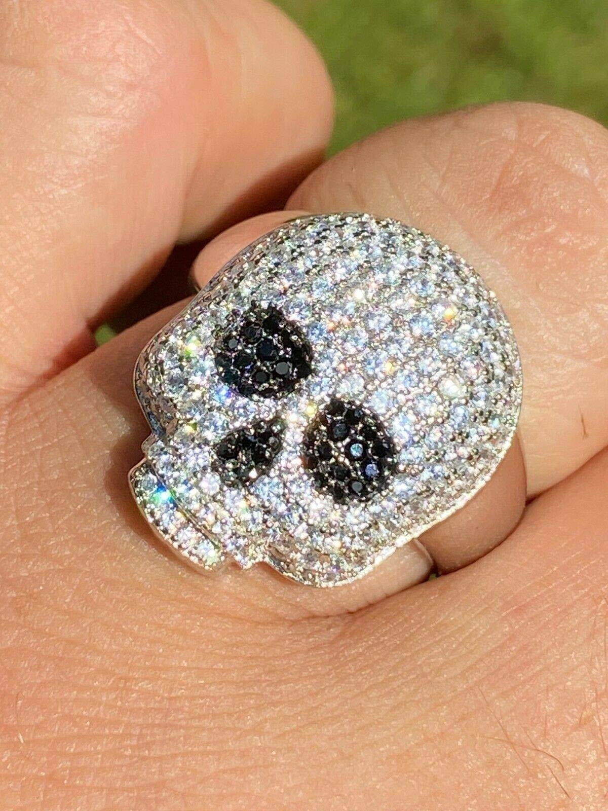 925 Sterling Silver Men's Iced Skull Emoji Ring with Black Diamond Eyes - Gothic Santa Muerte Pinky Ring for Men - Hip Hop Jewelry Gift for Boyfriend - Perfect for Parties, Concerts and Streetwear Fashion