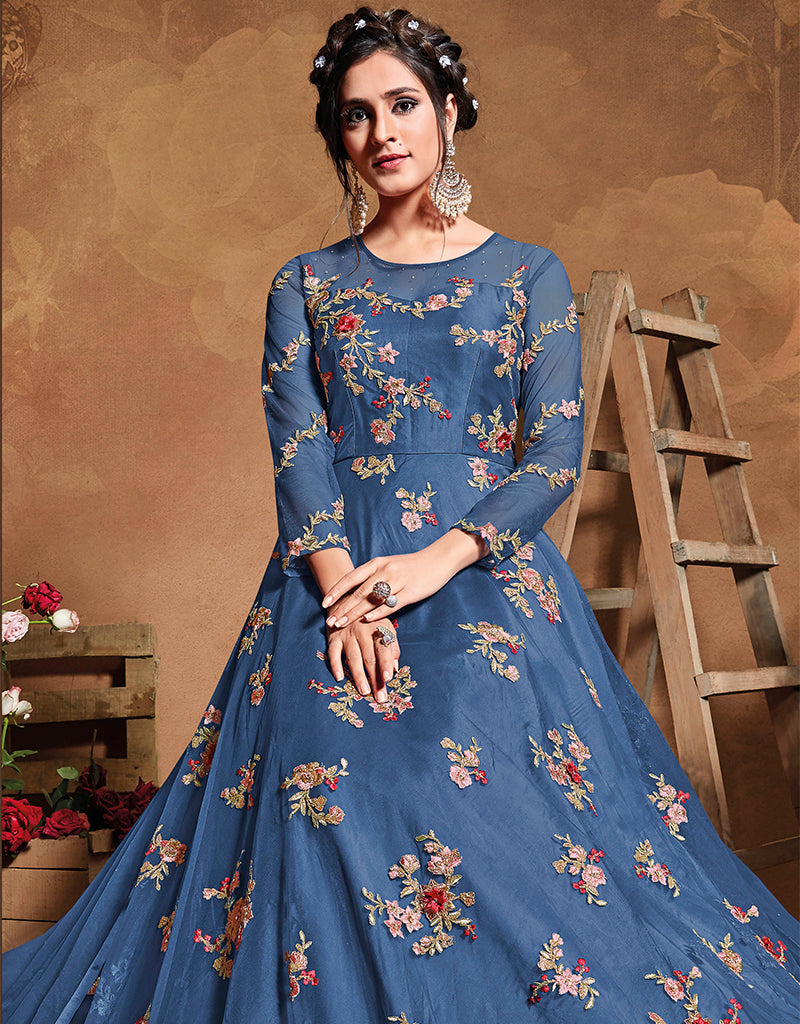 Blue Butterfly Net Pant Anarkali Dress - Elegant Pakistani Indian Ethnic Wear for Women - Perfect for Weddings, Parties & Festive Occasions