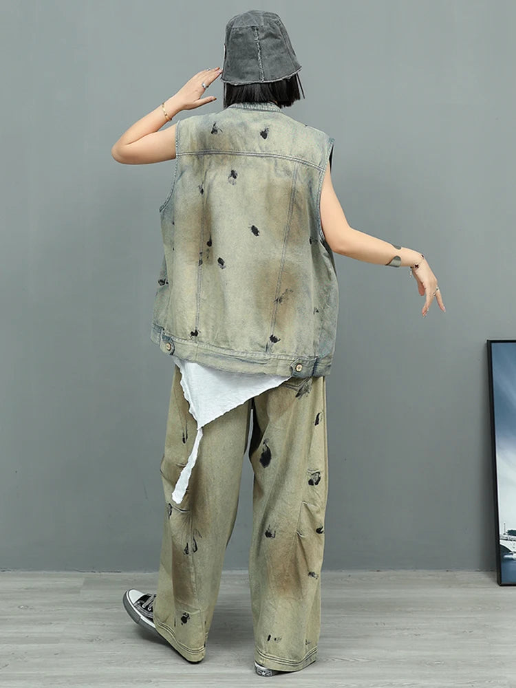 Women's Big Size Denim Vest & Wide Leg Pants Two Piece Suit - Round Neck Sleeveless Fashion Outfit for Spring & Autumn 2025 | Casual Streetwear, Office Chic & Weekend Outings | Style Code 1DJ0966