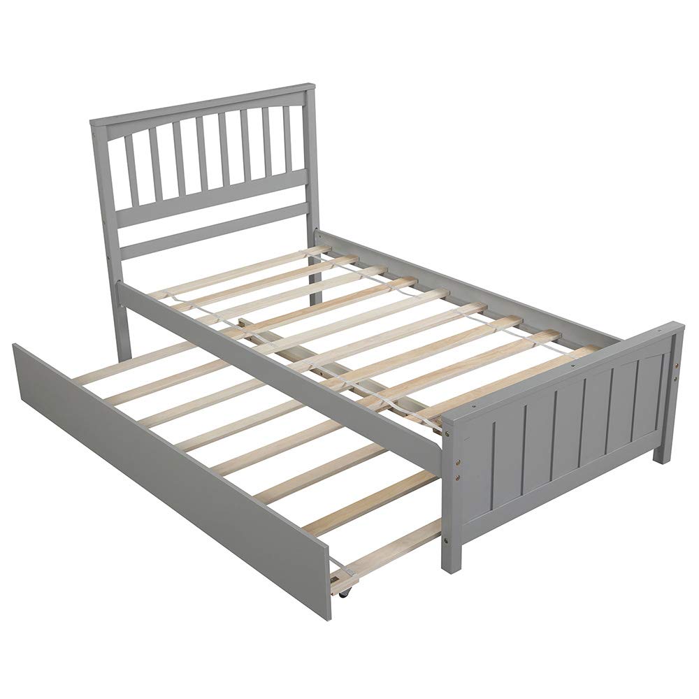 Minimalist Twin Platform Bed Frame with Trundle - Easy Assembly Wooden Bed for Teens & Adults - Space Saving Gray Bedroom Furniture for Small Rooms & Guest Rooms