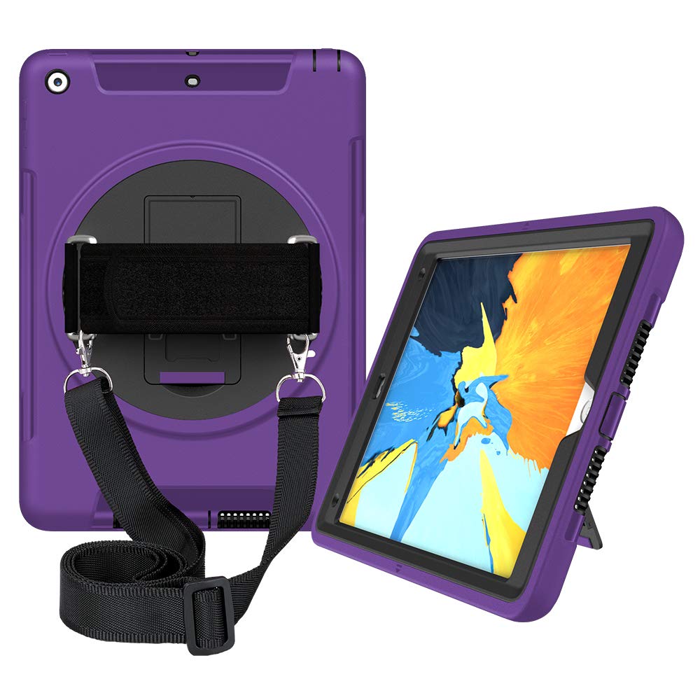 Premium iPad 6th Gen Case (9.7 Inch 2017/2018 Model) with Free Screen Protector - Heavy Duty 3-Layer Rugged Cover, Built-in Hand Strap & Adjustable Shoulder Strap, 360° Rotating Kickstand - Perfect for Outdoor Adventures, Travel & Daily Protection (Purple)