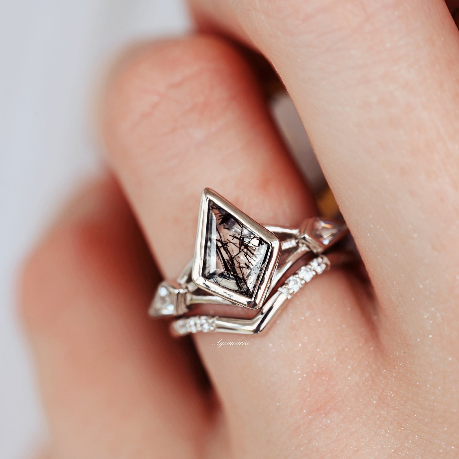 Celtic Kite Black Rutilated Quartz Ring Set - 925 Sterling Silver Jewelry for Women, Handmade Boho Wedding Band, Unique Spiritual Gift for Her | Perfect for Celtic Weddings, Pagan Ceremonies & Everyday Wear