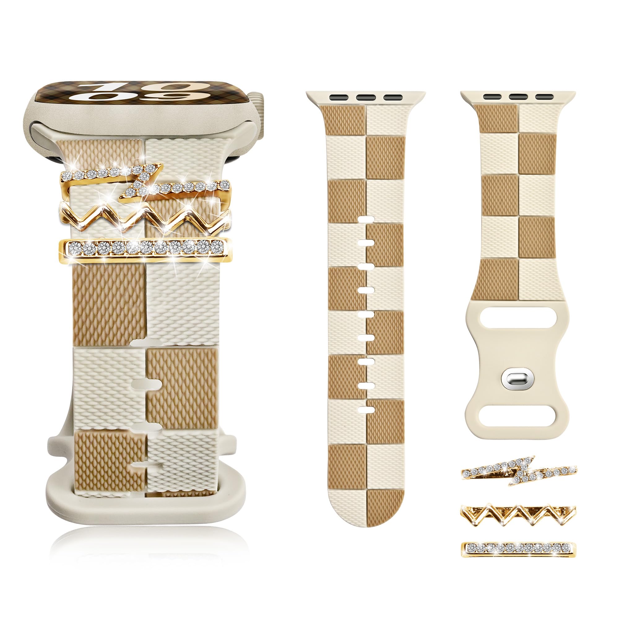 Fashionable Checkered Silicone Strap for Apple Watch Band 38mm 40mm 41mm 42mm - Gold Bling Z Charm Sport Wristband Compatible with iWatch Series 10 9 8 7 6 5 4 3 SE - Perfect for Women's Workout, Running & Everyday Wear