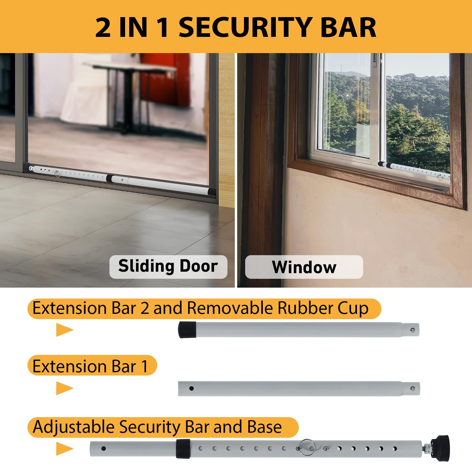 2 Pack Adjustable Sliding Door Security Bar 16.5-51 Inch - Heavy Duty Patio Door Lock with Rubber Tips, 1.1 Inch Diameter White Metal Window Bar for Home Security - Perfect for French Doors, Balcony & Apartment Safety
