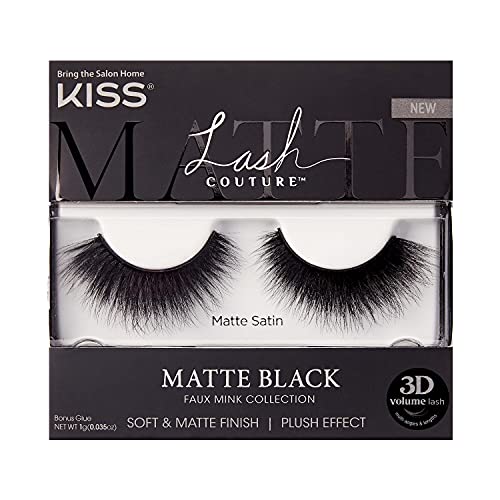 KISS Lash Couture False Eyelashes - Matte Black Faux Mink 3D Volume Lashes, Soft & Lightweight, Natural Look (Style 'Matte Satin') - 1 Pair | Perfect for Weddings, Parties & Everyday Glam
