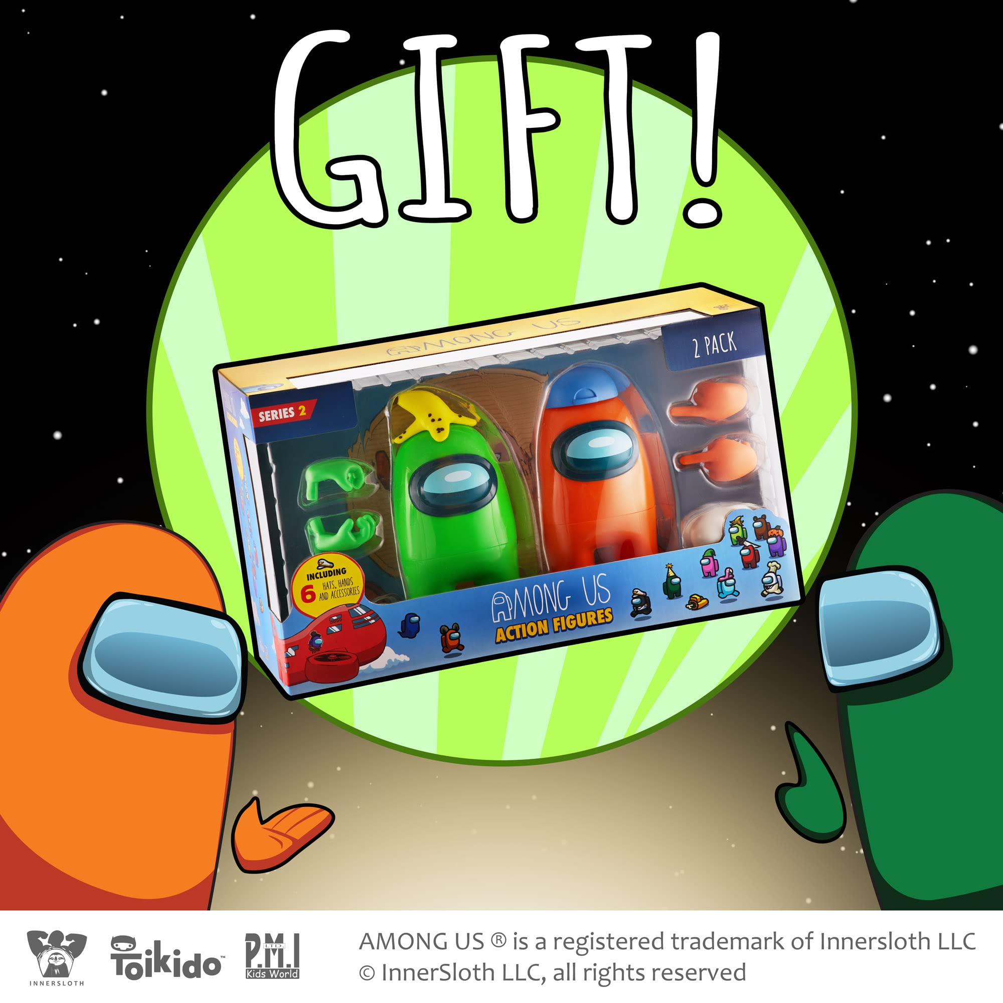 P.M.I. Among Us Action Figures - Set of 2 (Green & Orange) 7-Inch Collectible Crewmates with 6 Accessories (Hats & Hands) | Playable Mini Toys for Kids | Perfect for Birthday Gifts, Game Nights & Among Us Fans Collection