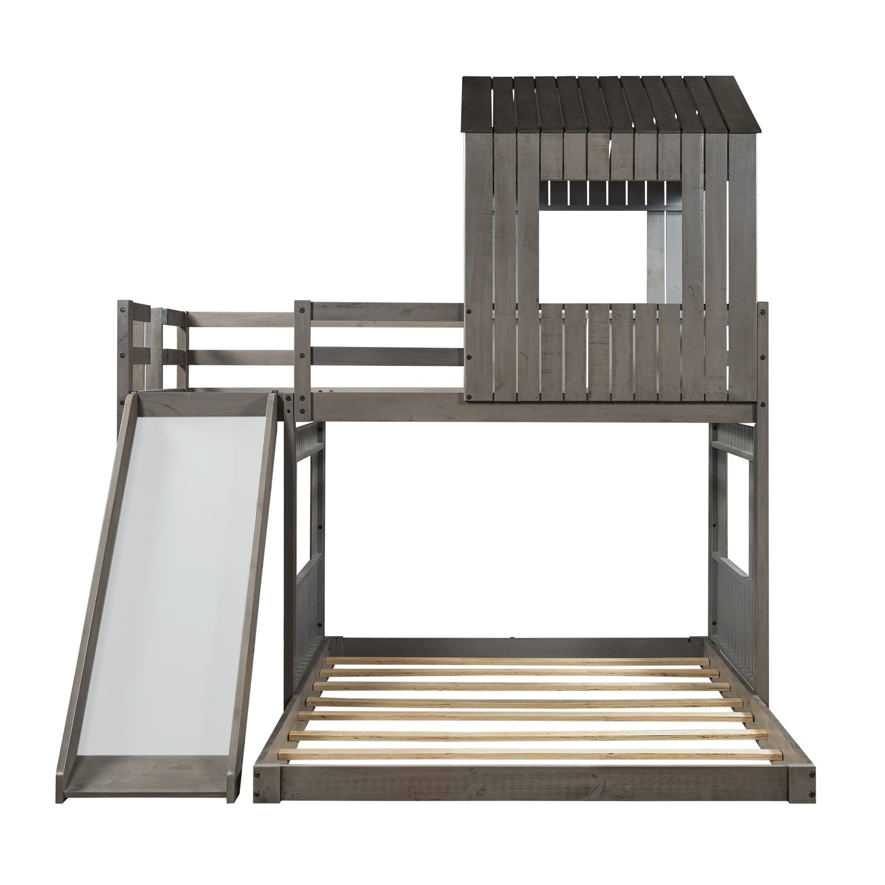 Twin Over Full Bunk Bed with Slide - House Shaped Kids Bunk Bed Frame with Safety Guardrails & Ladder - Antique Gray - Perfect for Teens, Boys & Girls Bedrooms, Dorms or Vacation Homes