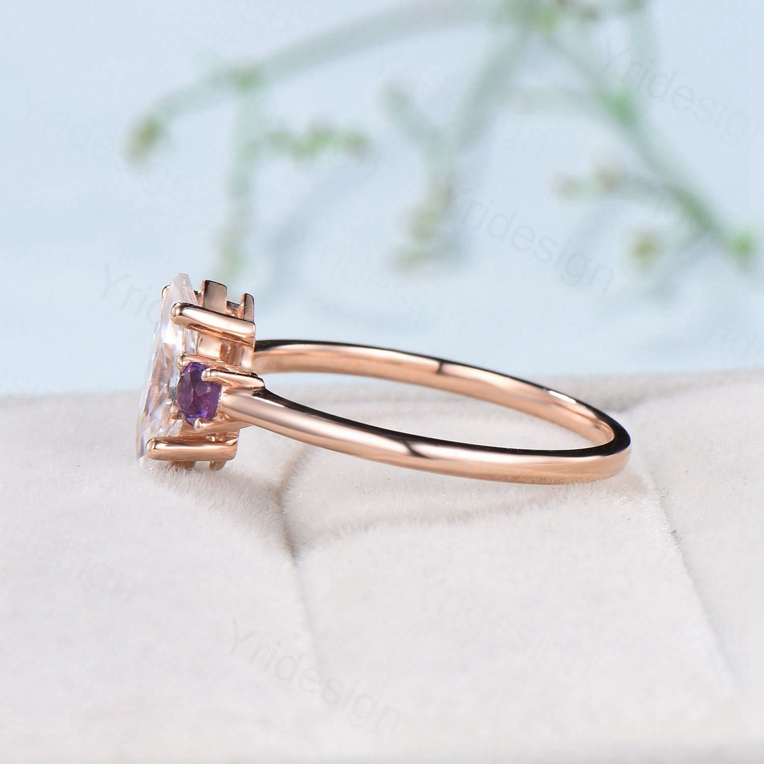 Elegant Marquise Cut Moissanite Engagement Ring in Rose Gold - Minimalist Three Stone Wedding Band with Sapphire & Amethyst Accents - Women's Promise Ring for Proposals, Anniversaries & Special Occasions