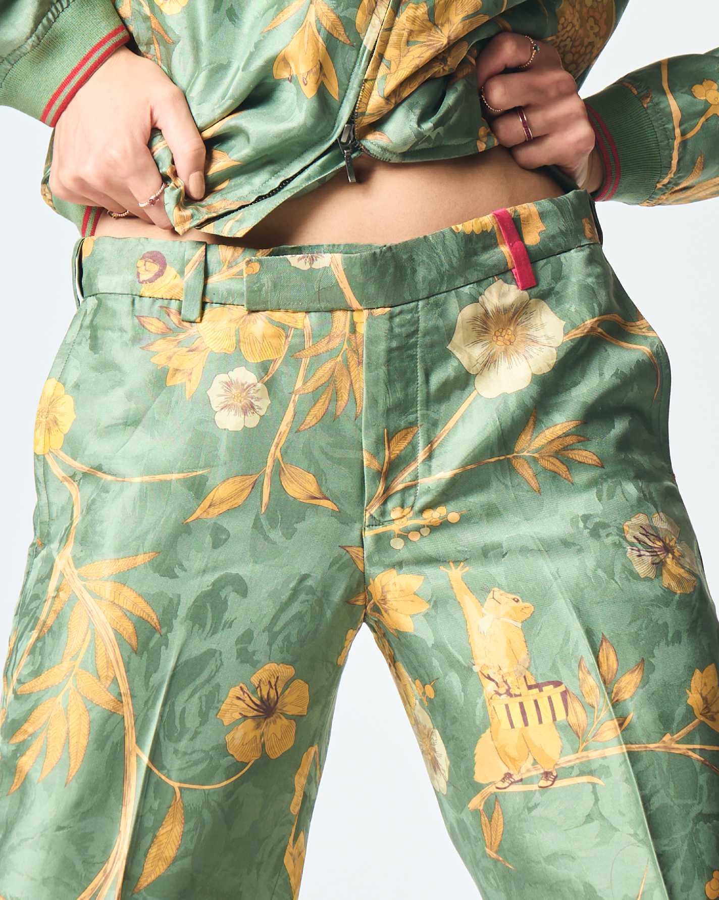 Premium Straight Fit Silk Damask Trousers in Sage Green - Elegant Office Wear & Formal Occasions