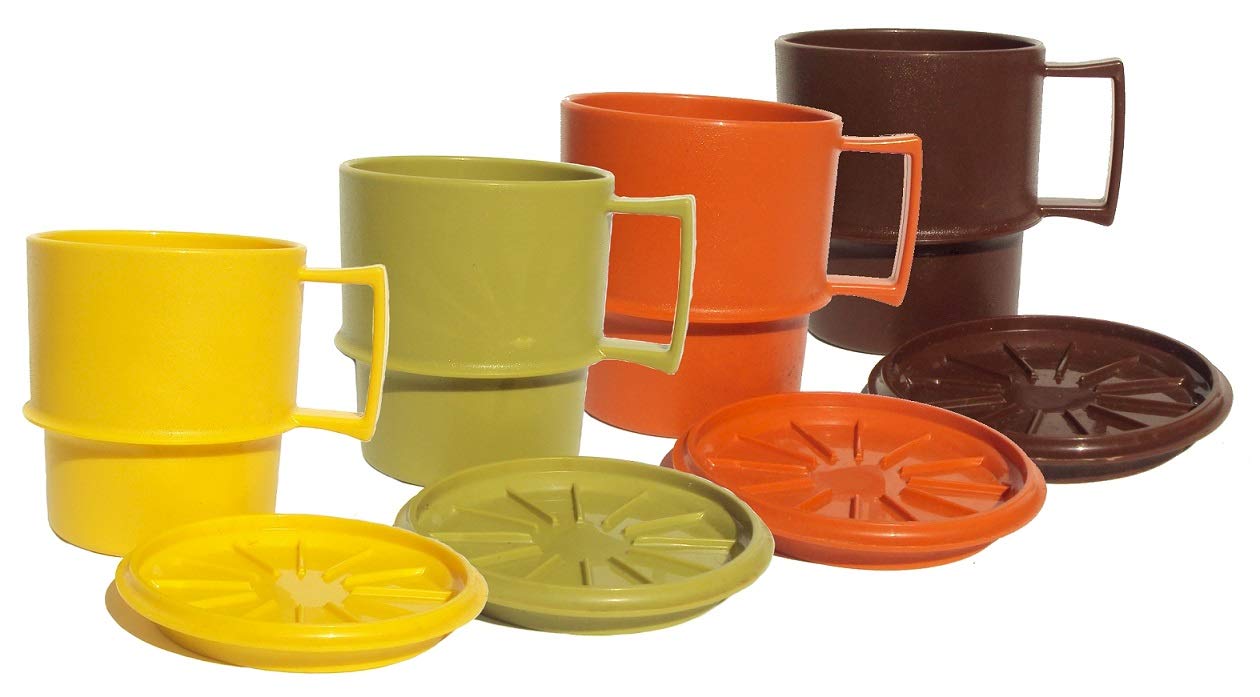 Vintage Tupperware Stackable Coffee Mugs with Lids and Coasters - Autumn Harvest Design - Set of 4 - Perfect for Home, Office, Camping & Gift Giving