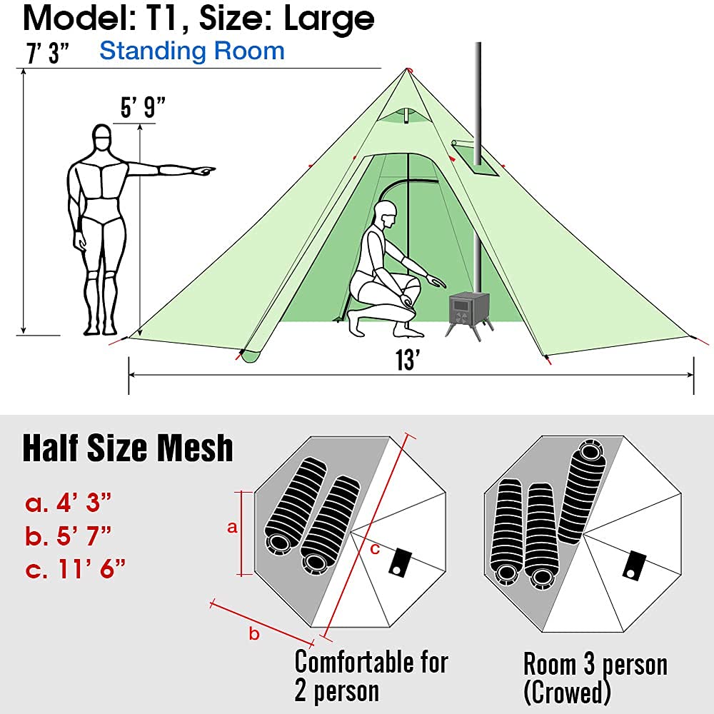 4 Person 5lb Lightweight Tipi Hot Tent with Stove Jack - 7'3