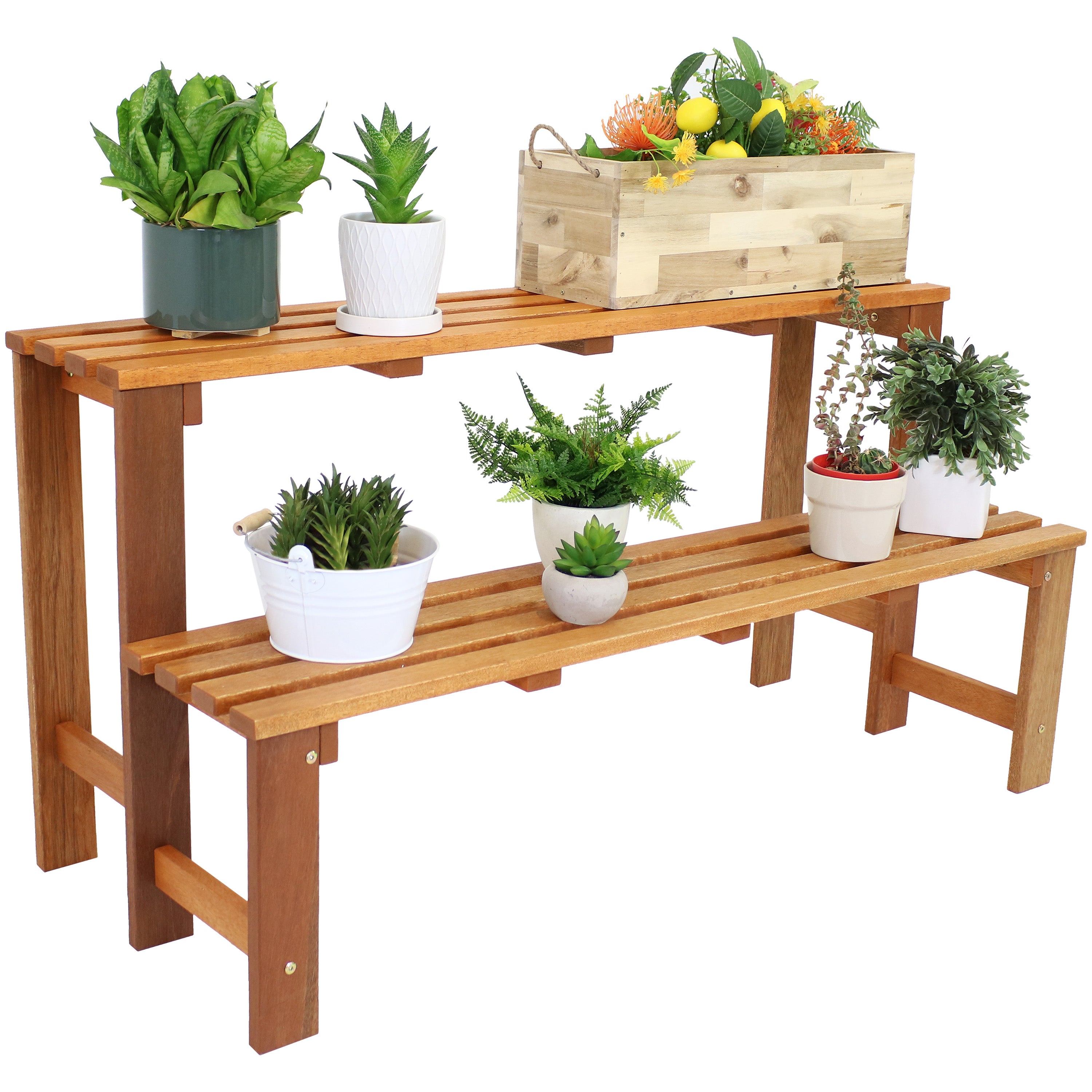 Sunnydaze 2-Tier Meranti Wood Outdoor Plant Stand with Teak Oil Finish - Perfect for Patio, Garden, and Balcony Decor