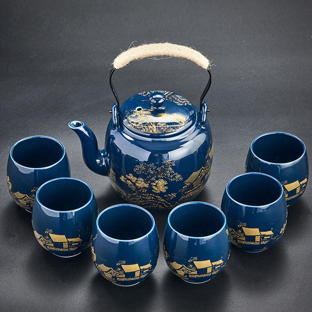 Premium Japanese Blue Landscape Ceramic Tea Set with Matching Tray - Traditional Matcha Tea Ceremony Gift Set for Home & Zen Decor