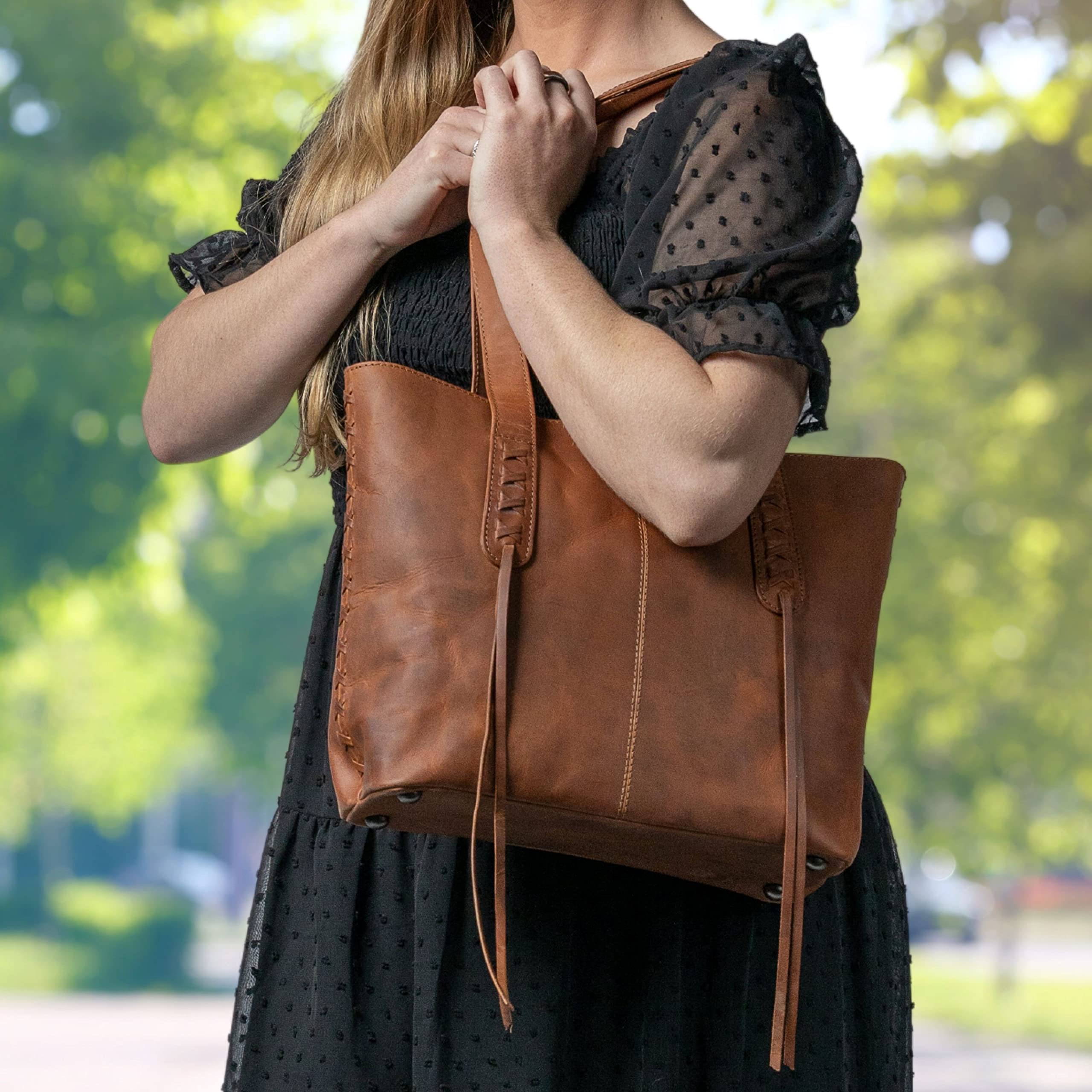 Norah Large Leather Concealed Carry Tote Bag with Lace Detailing - Perfect for Everyday Use, Travel, and Secure Storage