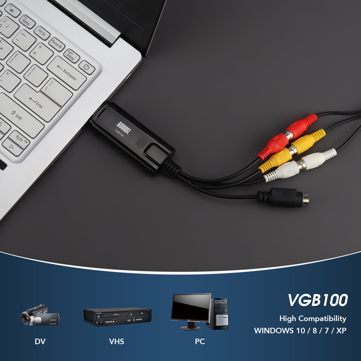 VHS to DVD Converter - VHS Video Capture Card for Windows, Digital Video Grabber for VHS & Hi8 Tapes - August VGB100 - Perfect for Digitizing Home Movies & Archiving Old Videos