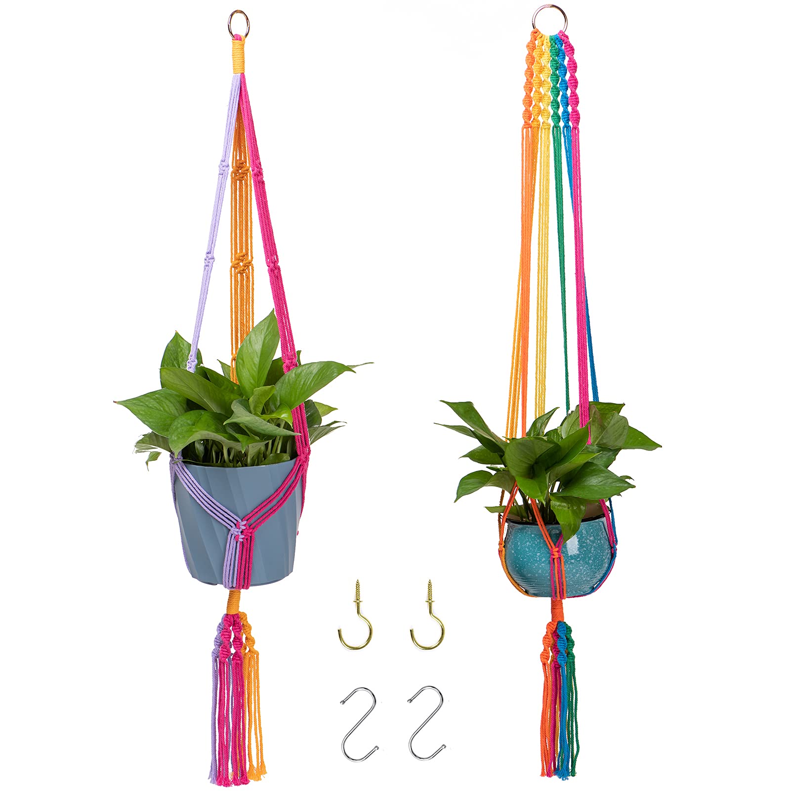 Rainbow Macrame Plant Hangers - Set of 2 Handmade Cotton Rope Hanging Plant Holders with 4 Hooks for Indoor & Outdoor Boho Decor | Perfect for Living Room, Bedroom, Balcony & Garden Plant Display