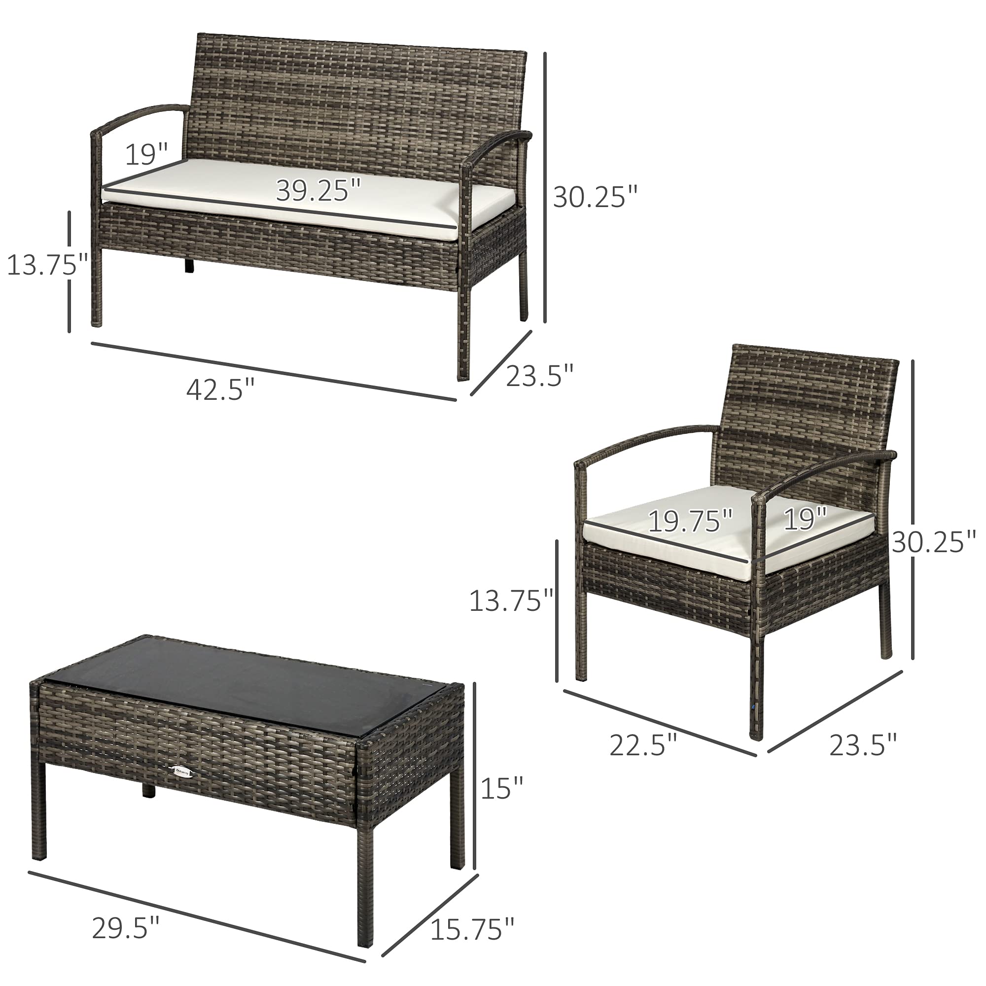 Outsunny 4-Piece PE Wicker Patio Furniture Set - Indoor/Outdoor Conversation Set with Chairs, Loveseat Sofa, Cushions & Glass Table - Light Gray - Perfect for Backyard, Sunroom, Poolside & Garden Relaxation