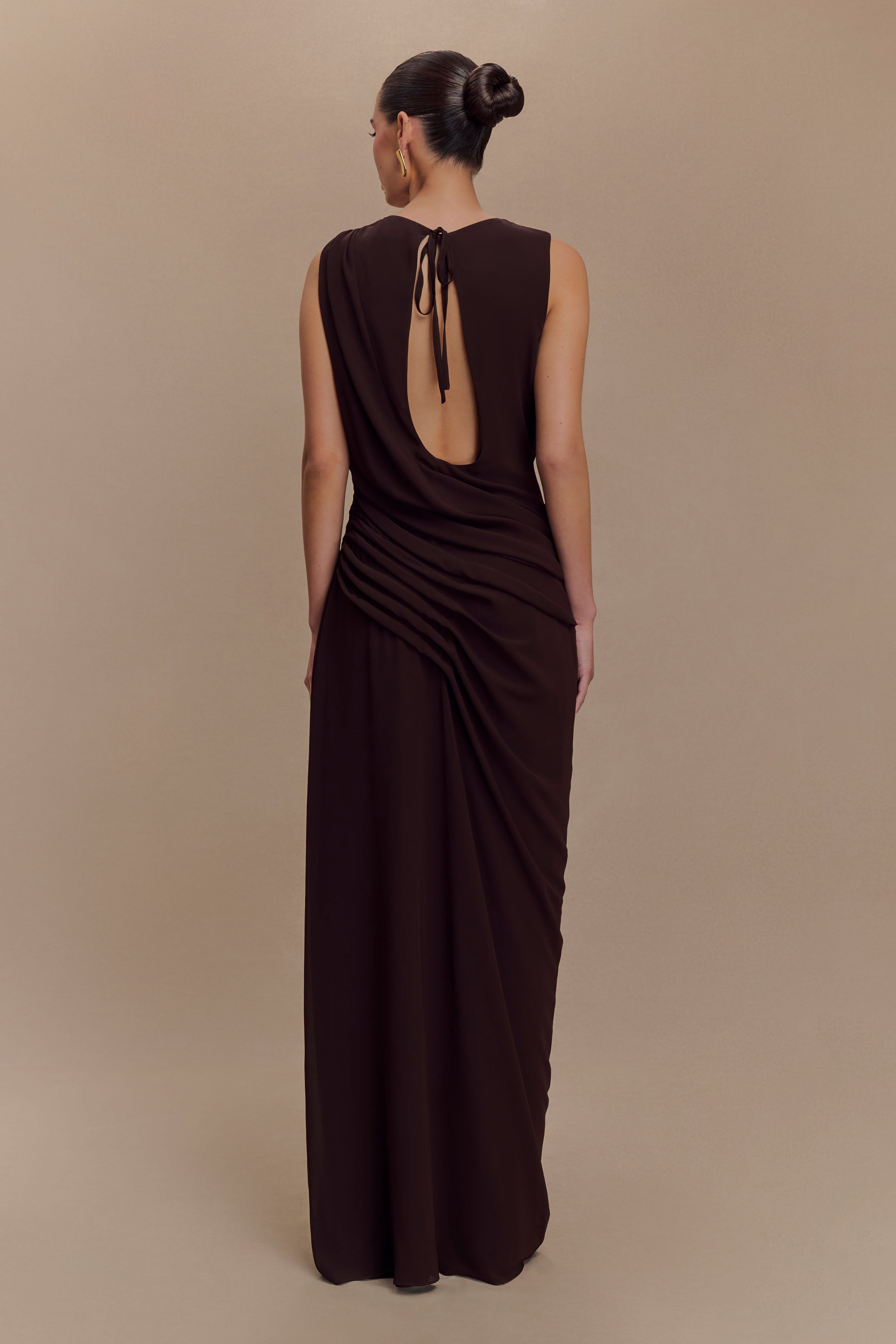 Oria Flowy Chiffon Maxi Dress in Cacao Brown - Elegant & Comfortable for Weddings, Parties & Summer Outfits