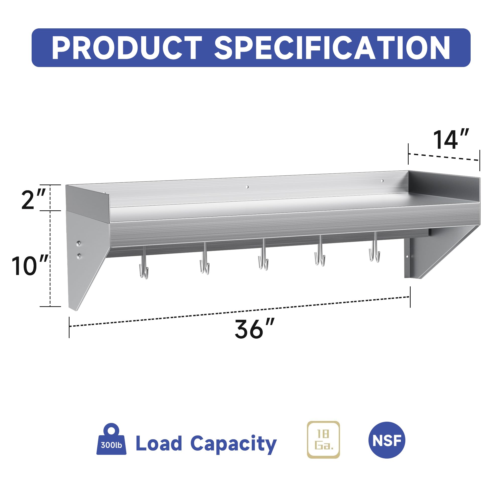 Stainless Steel Wall Shelf 36x14 Inch - Heavy Duty Metal Floating Shelf with 5 Hooks for Kitchen, Bathroom, Laundry Room - Wall Mounted Storage Rack for Pots, Spices, Towels - Perfect for Home, Restaurant, Bar & Food Truck Organization