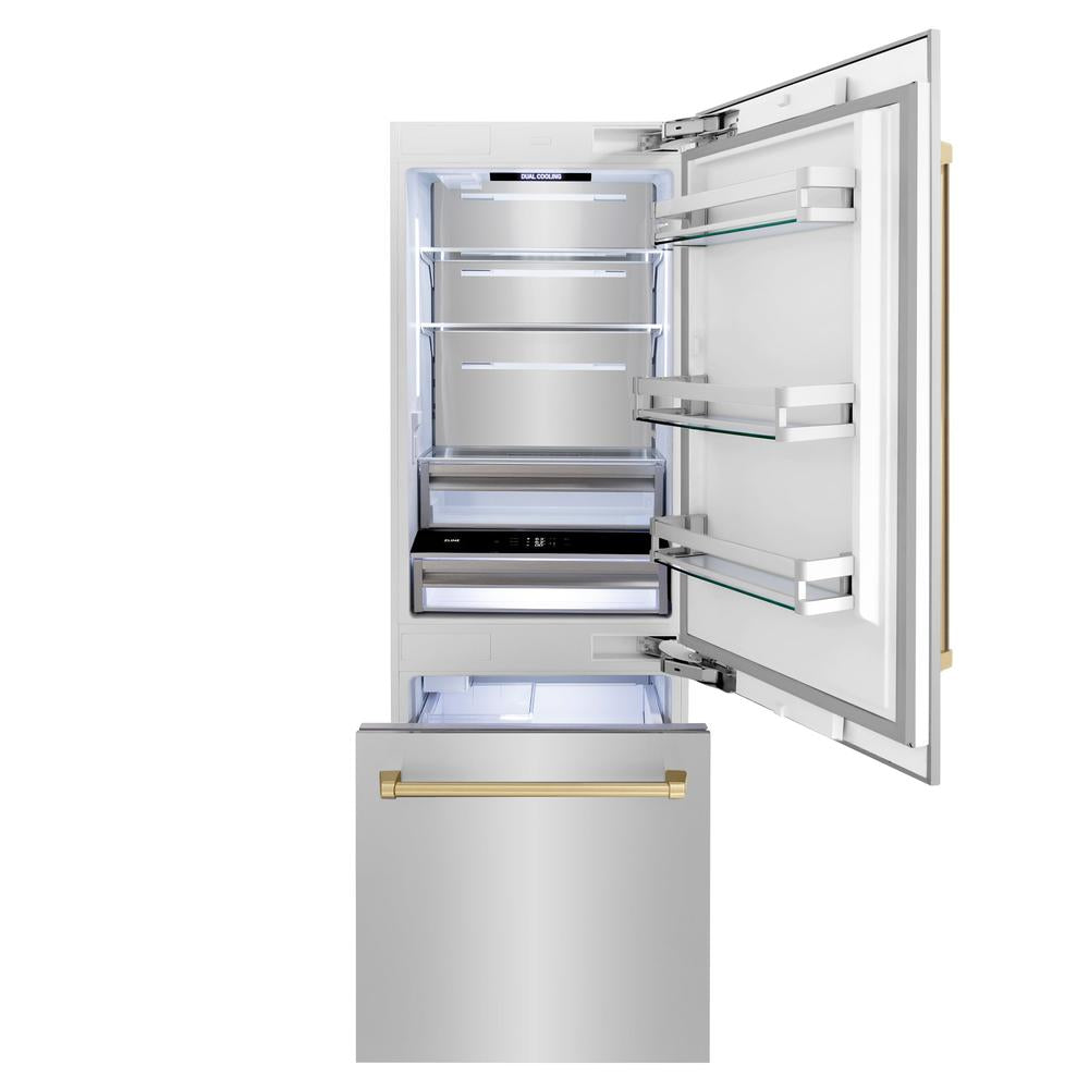 ZLINE Autograph Edition 30 Inch Built-In Bottom Freezer Refrigerator - 16.1 cu ft Stainless Steel with Champagne Bronze Accents - Water Dispenser & Ice Maker - Perfect for Modern Kitchens & Open Concept Homes (RBIVZ 304 30 CB)
