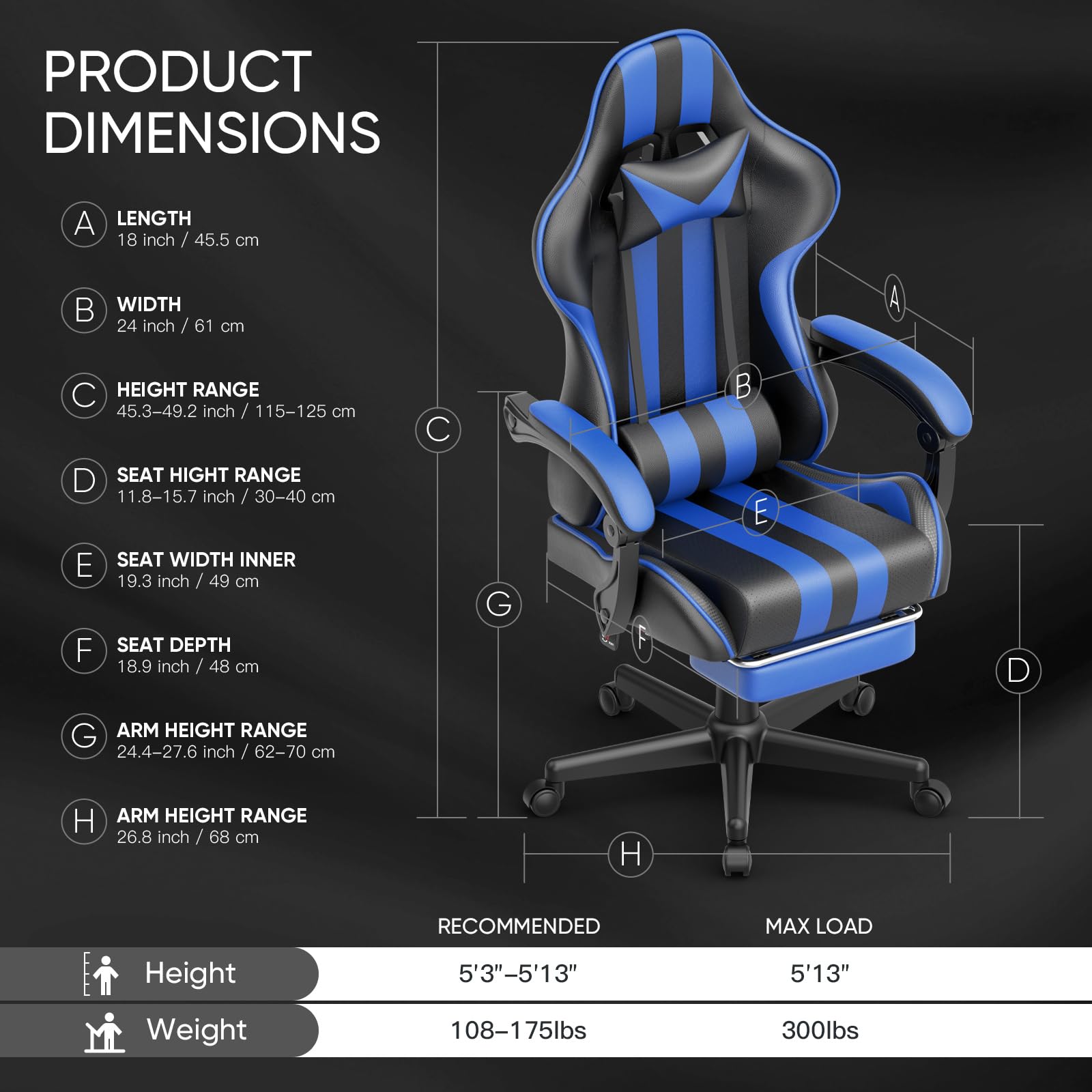 Ferghana Blue Ergonomic Gaming Chair with Adjustable Footrest - High Back PC Computer Game Chair for Adults & Teens - Perfect for Streaming, Esports & Office Work