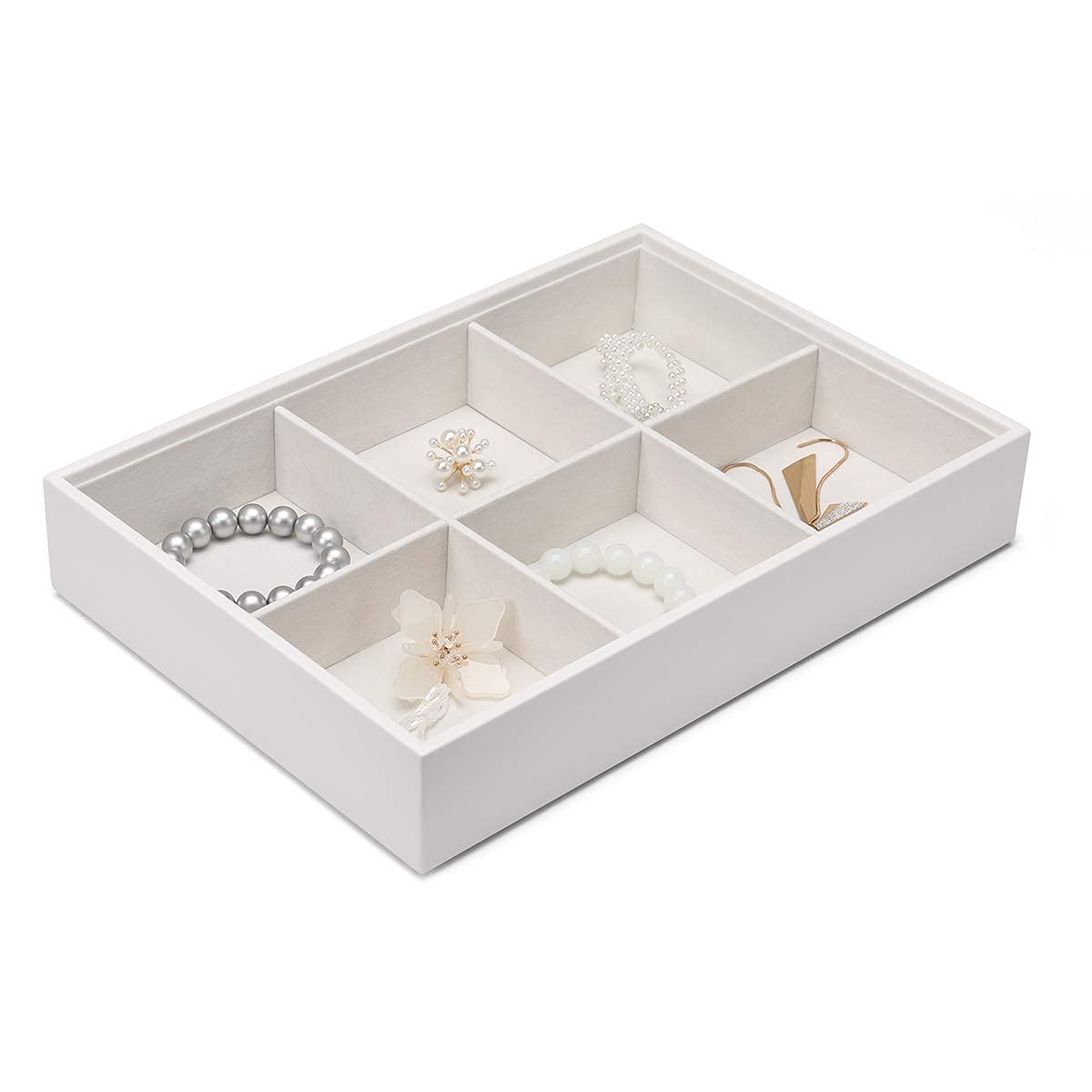 Vlando Jewelry Organizer Tray - 4-Layer Faux Leather Jewelry Storage Box with Lid for Earrings, Necklaces, Bracelets & Rings - Perfect for Desktop, Dresser or Drawer Organization - Elegant White Design