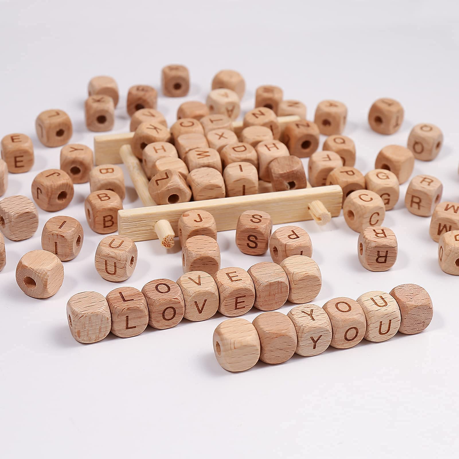 Wooden Alphabet Beads for DIY Crafts - 72Pcs Square Wood Beads with Letters for Jewelry Making, Bracelets, Keychains & Home Decorations - Perfect for Handmade Gifts and Scrapbooking Projects