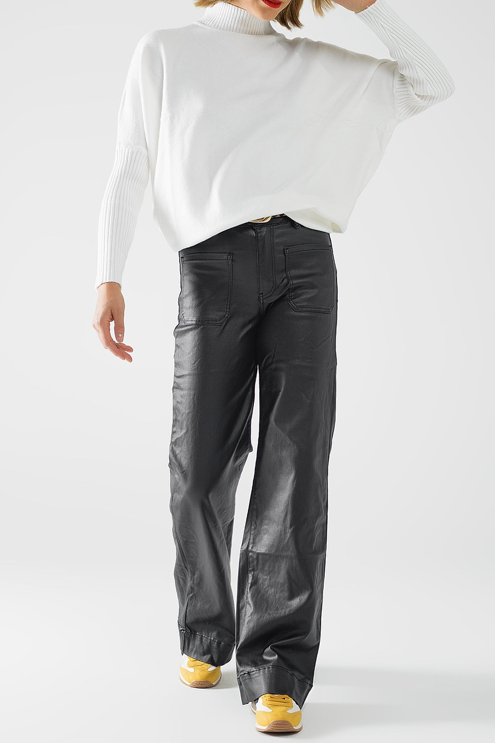 Faux Leather Wide Leg Pants with Pockets - Stylish & Comfortable Women's Trousers for Casual Outfits, Office Wear & Night Out