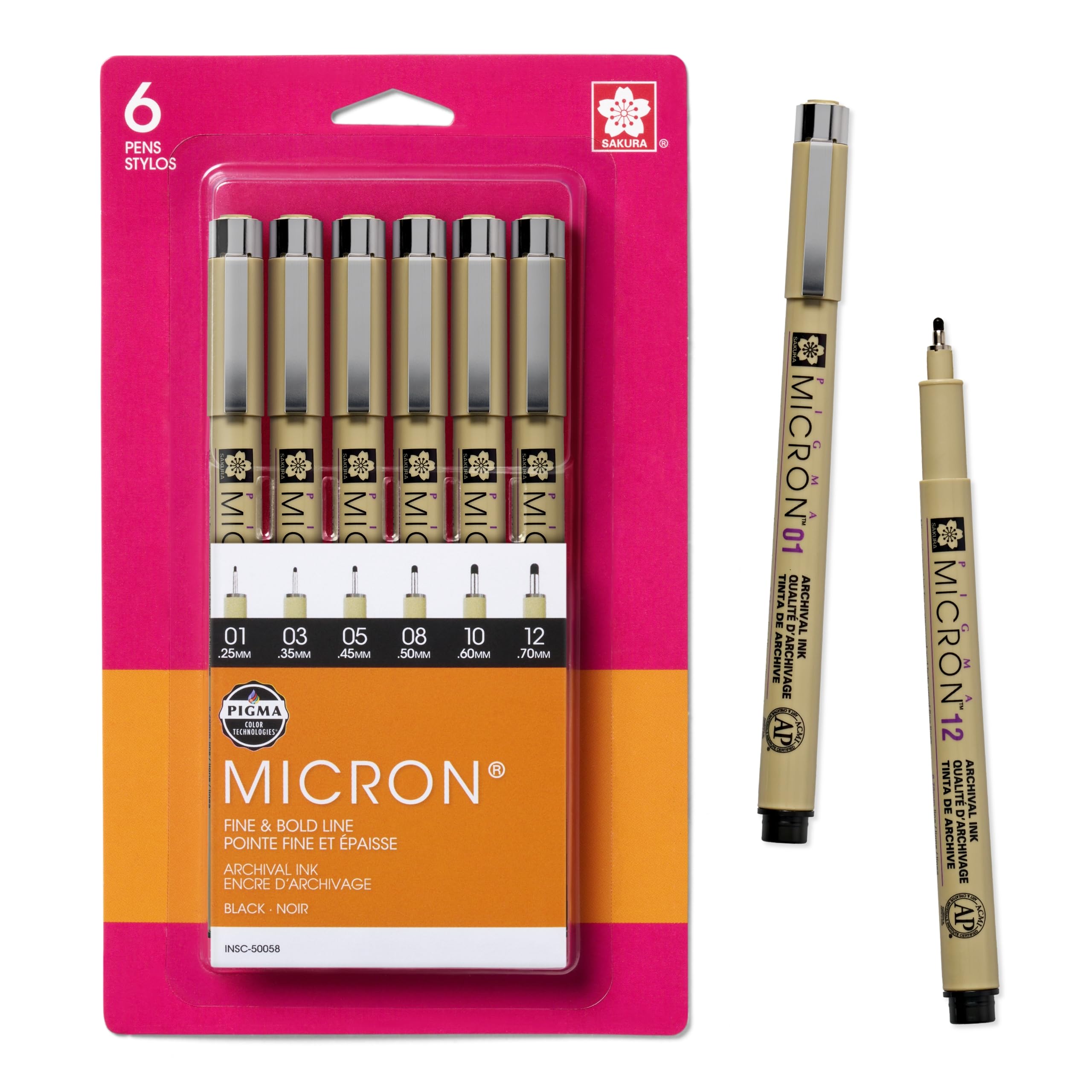 SAKURA Pigma Micron Fineliner Pens - 6 Pack Archival Black Ink Pens Set for Artists, Sketching & Bullet Journaling - Waterproof & Fade-Proof Drawing Pens (Assorted Sizes 005-08) - Perfect for Calligraphy, Illustration & Note Taking