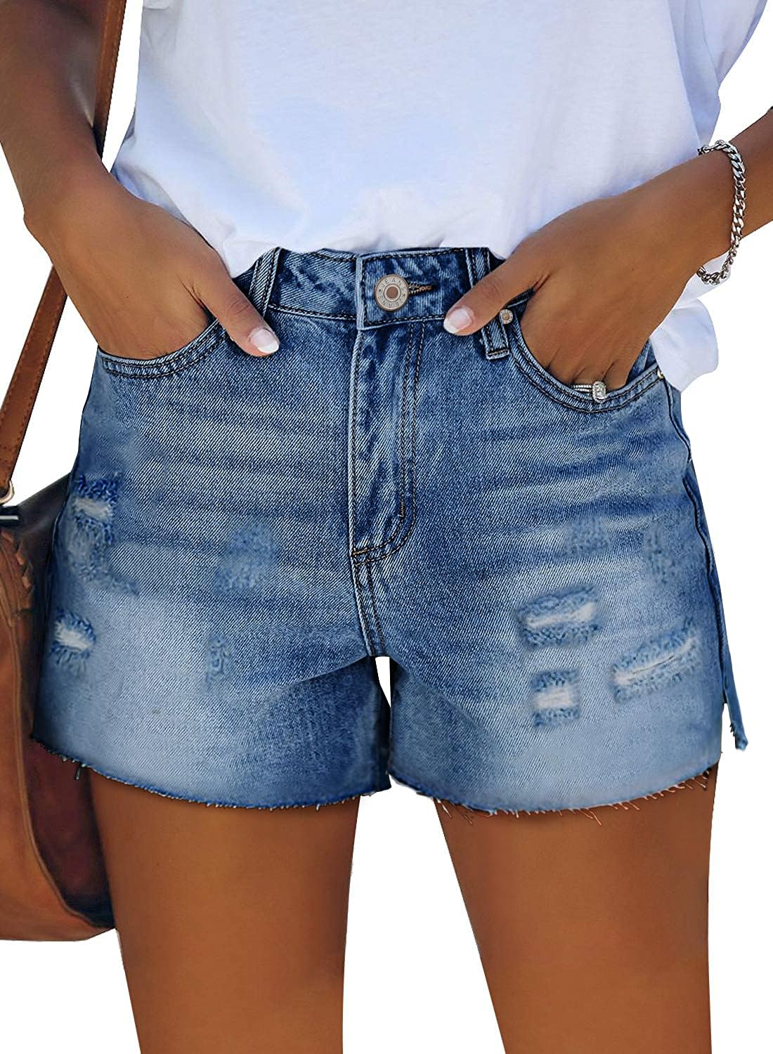 ZOLUCKY Women's Stretchy Ripped Denim Shorts - Mid Waist Casual Jean Shorts with Pockets for Summer | Perfect for Beach, Shopping & Outdoor Activities
