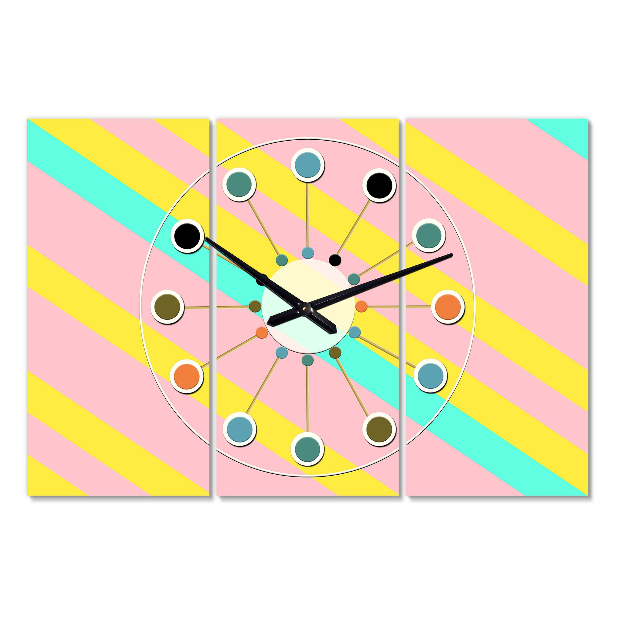 DesignQ Mid-Century Modern Wall Clock - Memphis Retro Neon Pattern Yellow Round Clock for Kitchen, Living Room, Office Decor | Silent Non-Ticking Battery Operated Wall Clock for Home & Office Use