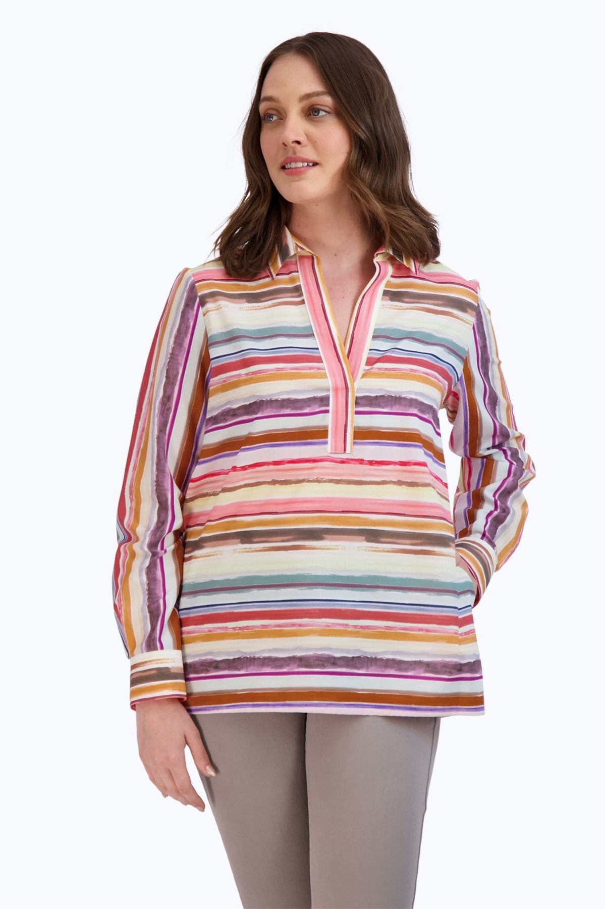 Sophia Women's Watercolor Stripe Long Sleeve Popover Shirt - Casual Button Down Blouse for Work, Date Night & Spring Outfits