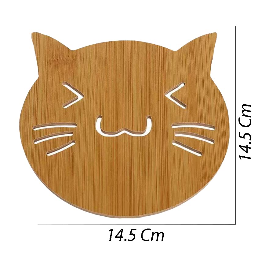 Eco-Friendly Bamboo Wooden Coasters Set of 2 - Absorbent Drink Coasters for Mugs, Cups & Glasses - Cat Design Home Decor for Kitchen, Dining Table & Office Use