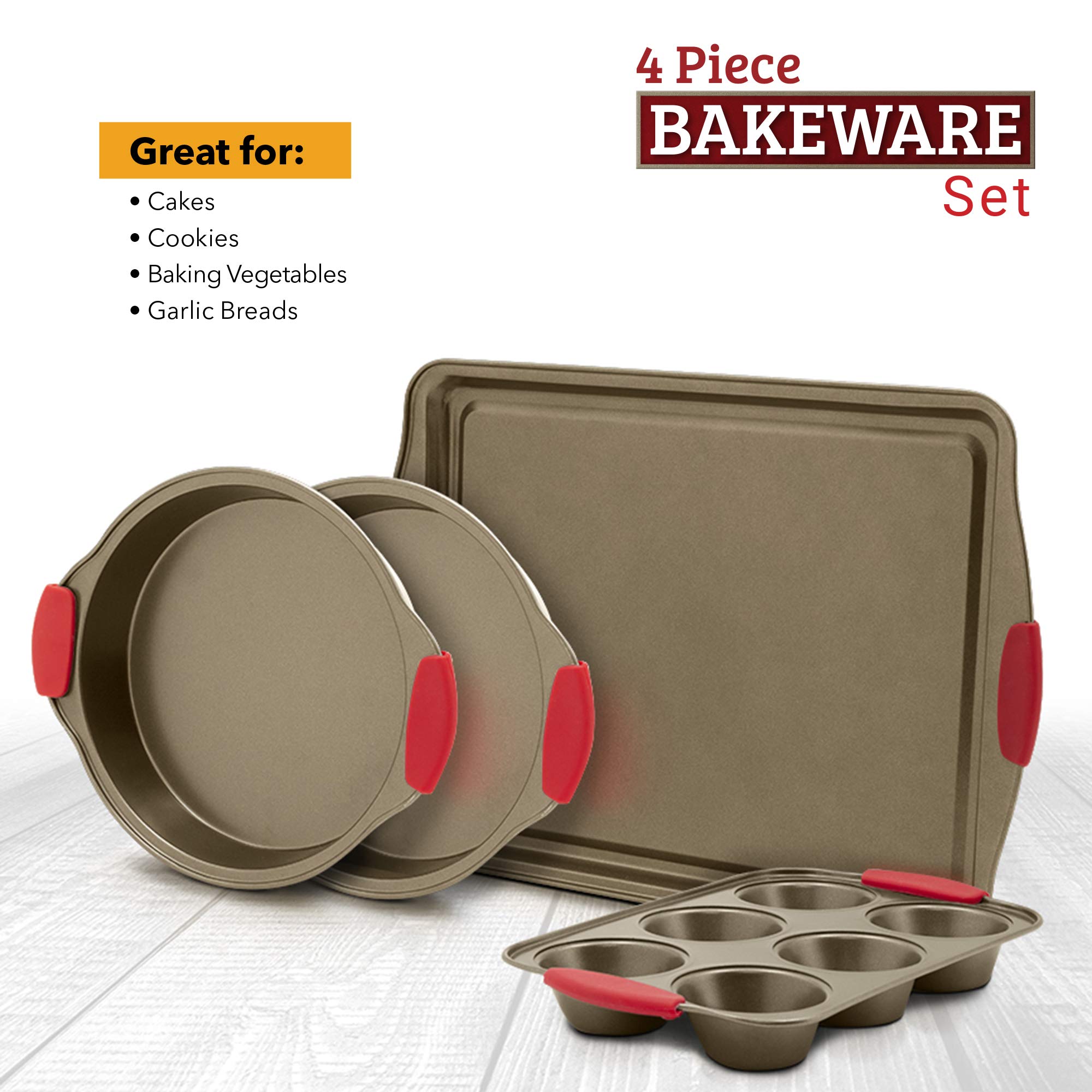 4-Piece Nonstick Bakeware Set with Silicone Handles - Brown Baking Pans for Cakes, Cookies & Bread | Durable Kitchenware for Home Baking, Party Desserts & Holiday Cooking