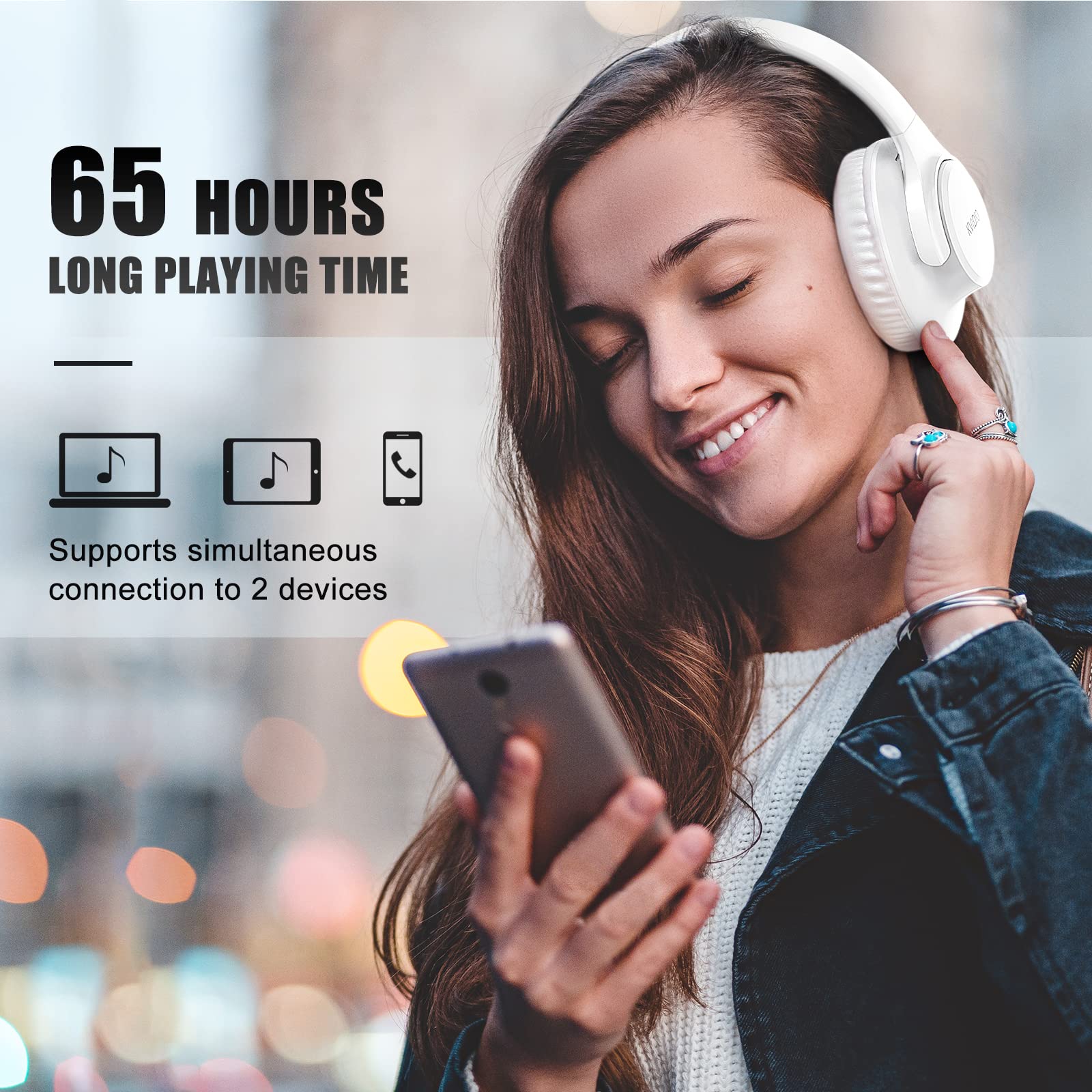 KVIDIO Wireless Bluetooth Over-Ear Headphones with Microphone - 65 Hours Playtime, Foldable Lightweight Design, Deep Bass & HiFi Stereo Sound - Perfect for Travel, Work, Gaming & Phone Calls (White)