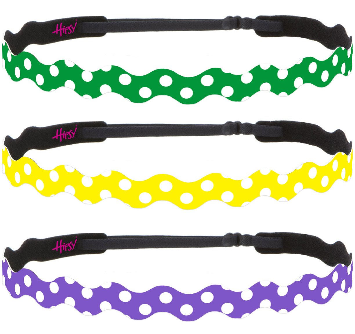 Hipsy Adjustable Non-Slip Wave Fashion Printed Sports Headbands 3-Pack - Polka Dot Green, Yellow, Purple for Women & Girls - Yoga, Running, Workout, Tennis, Gym Accessories